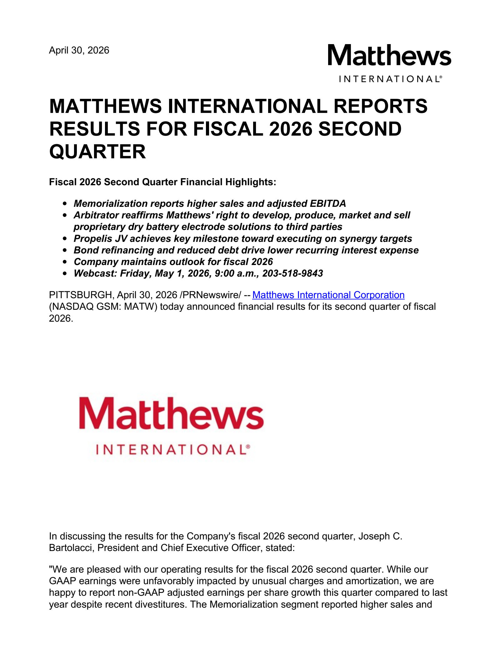 Matthews International's Q2 2026 Press Release