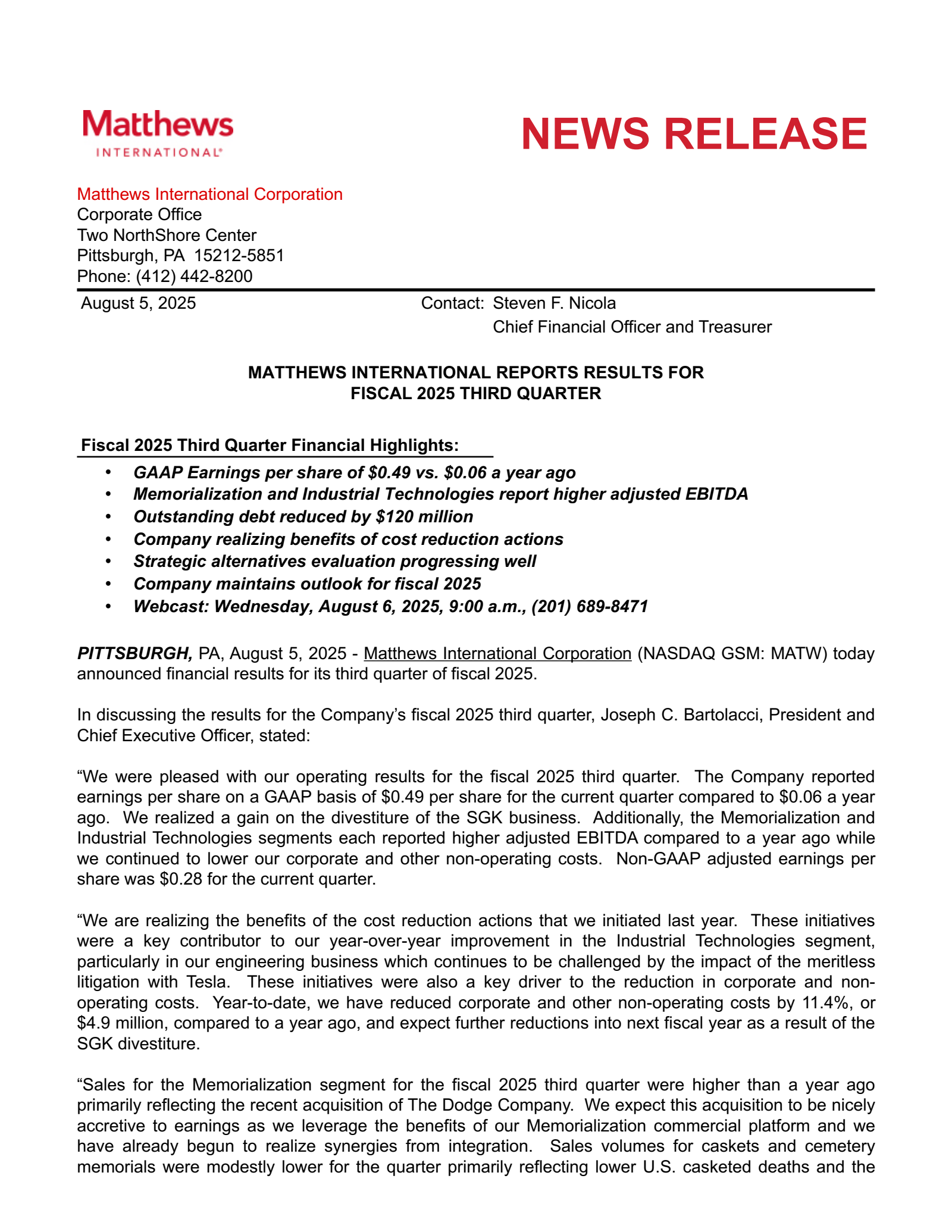 Matthews International's Q3 2025 Press Release
