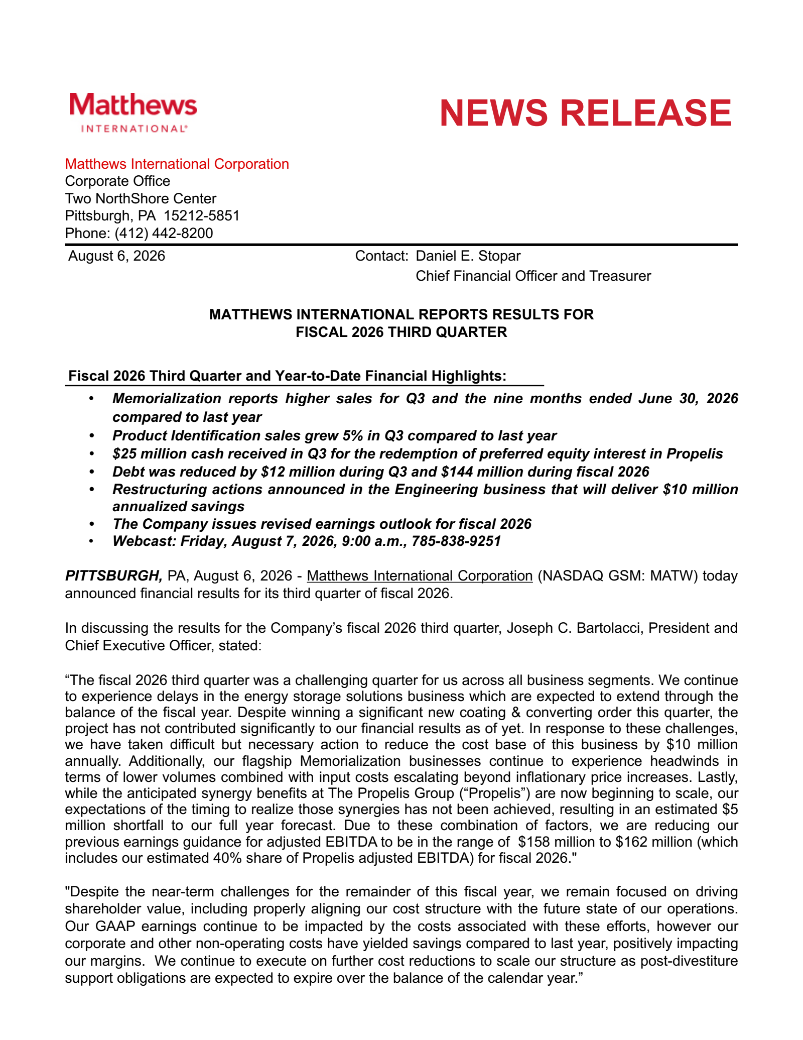 Matthews International's Q3 2026 Press Release