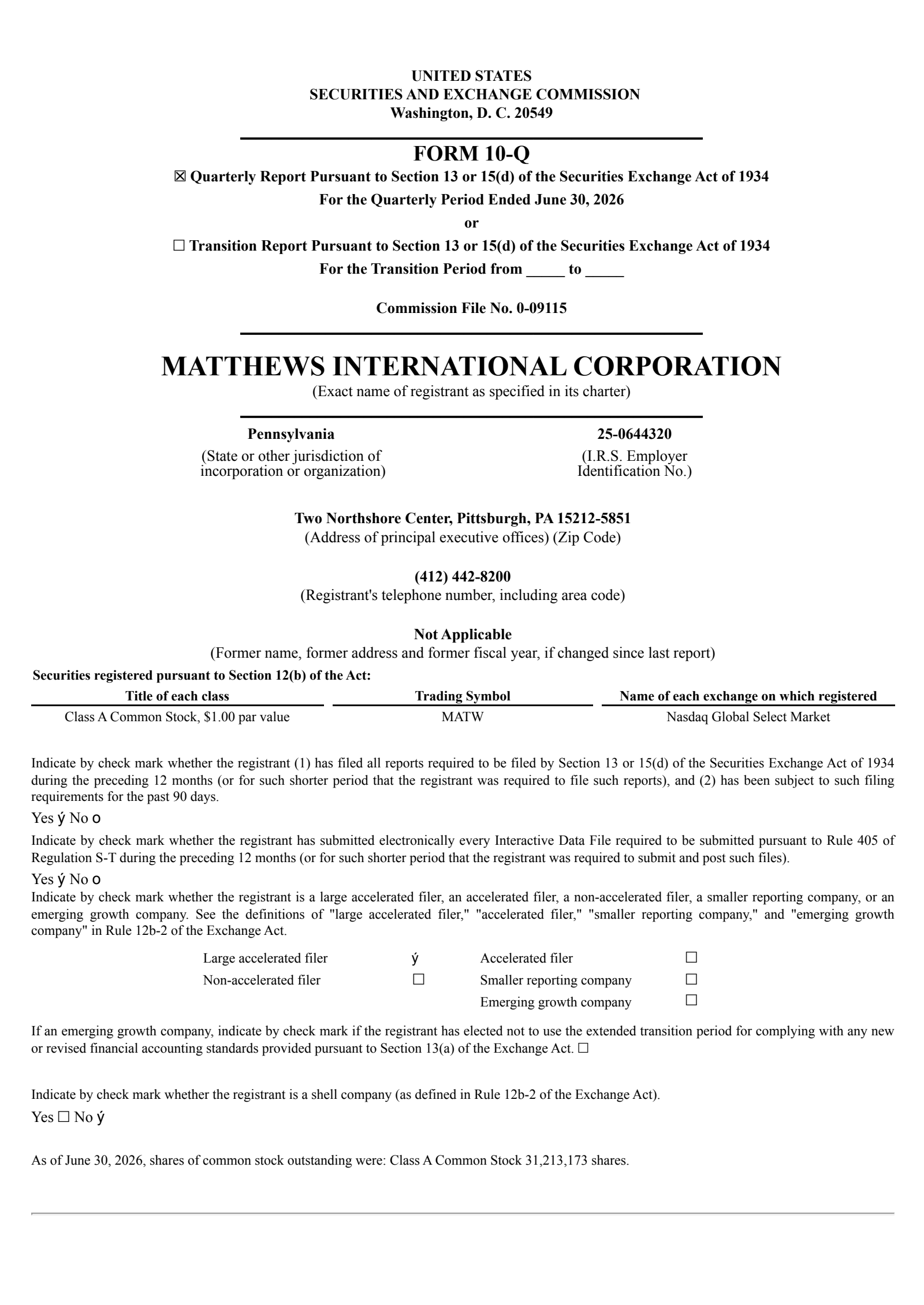 Matthews International's Q3 2026 Quarterly report