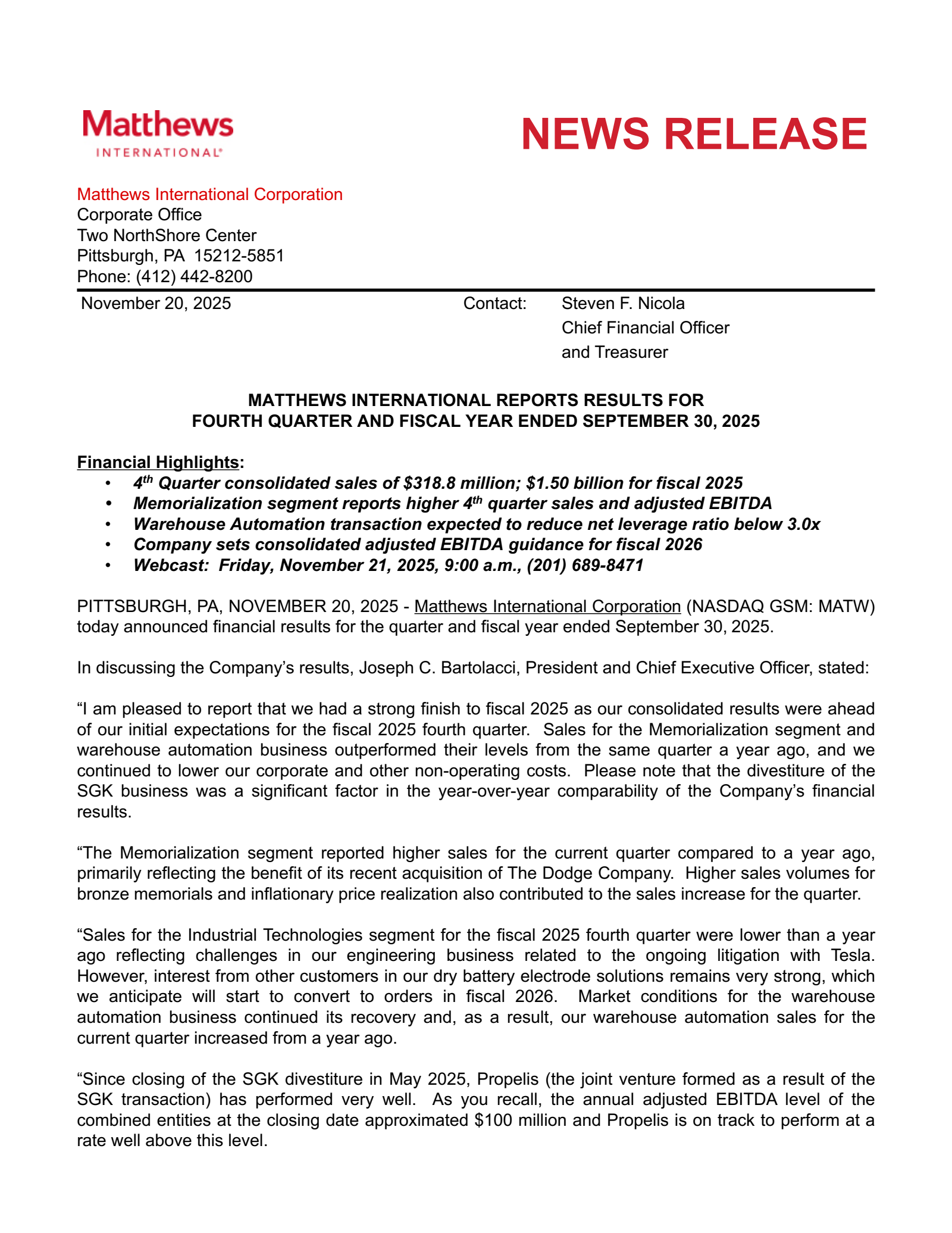 Matthews International's Q4 2025 Earnings Release