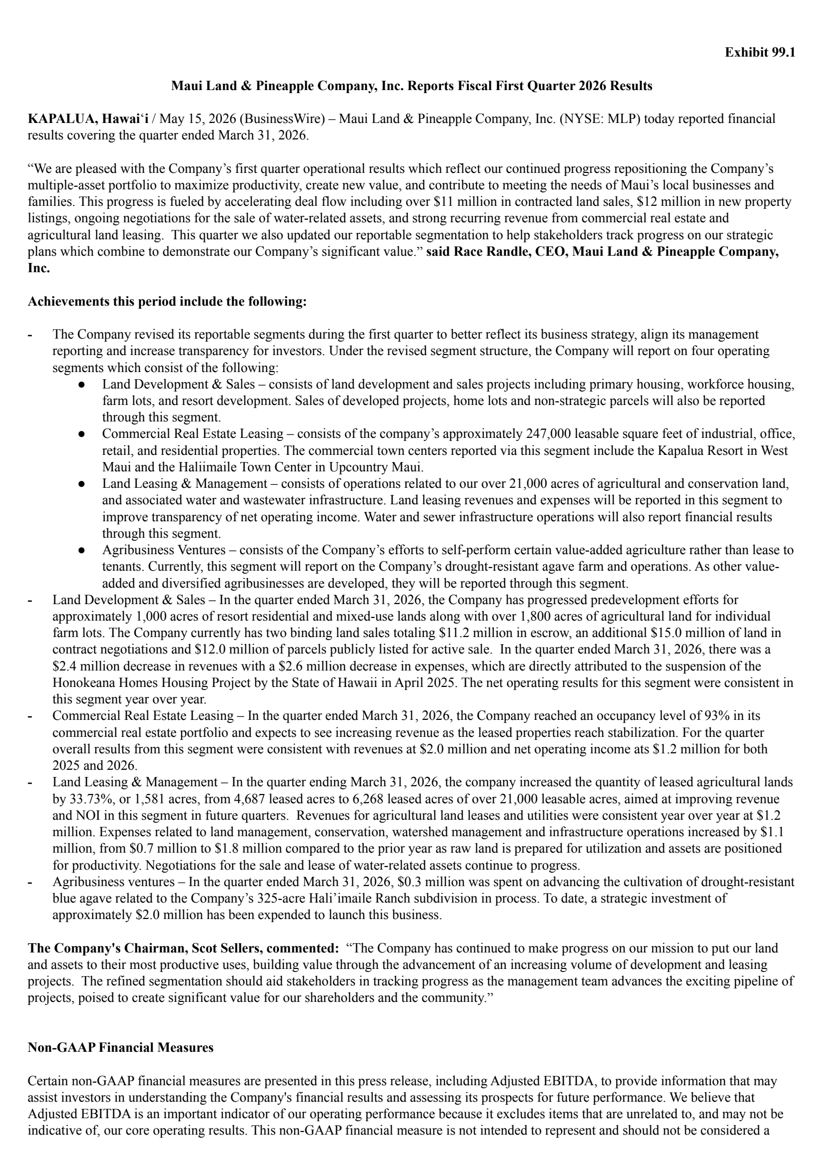 Maui Land & Pineapple's Q1 2026 Press Release