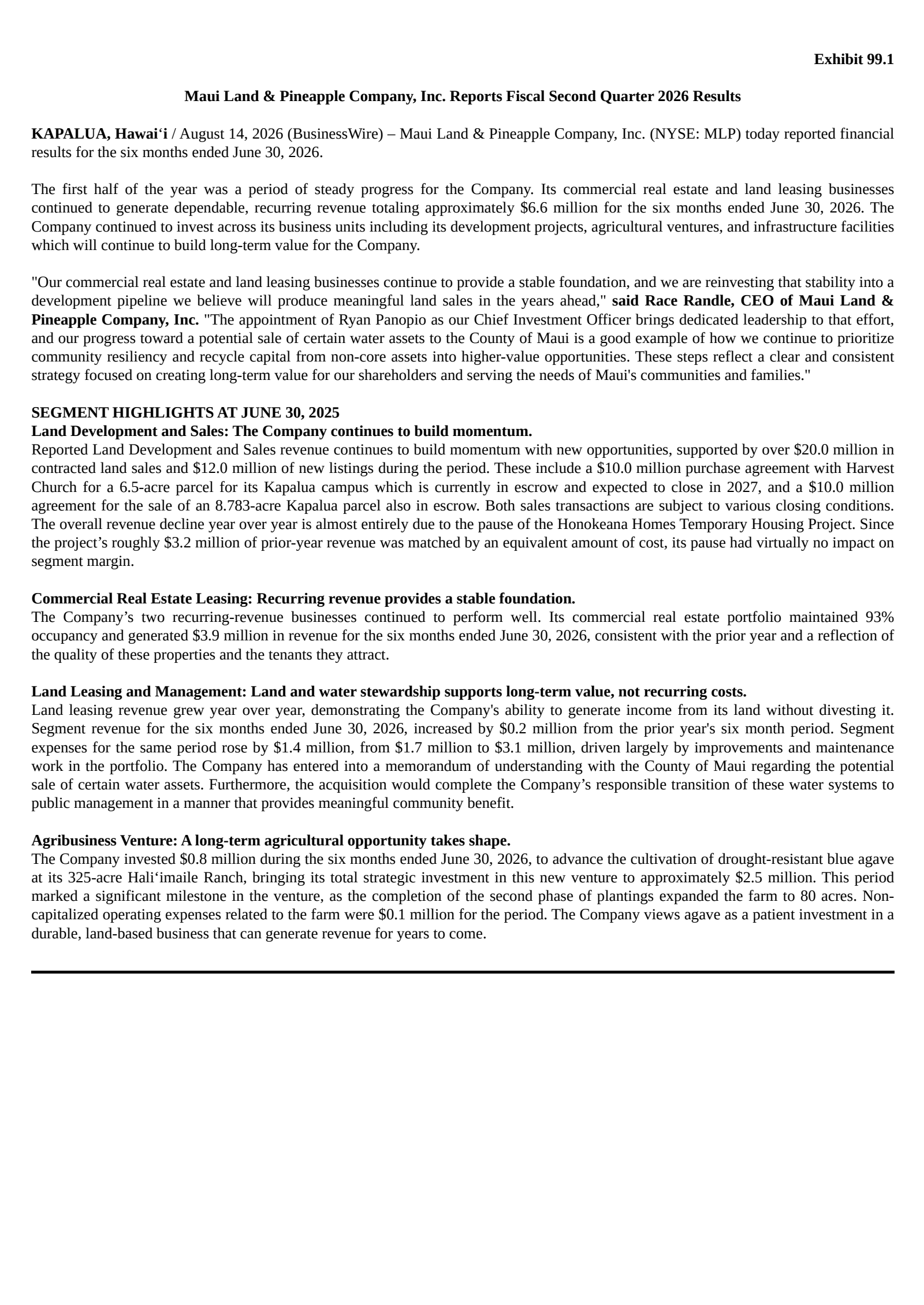 Maui Land & Pineapple's Q2 2026 Press Release