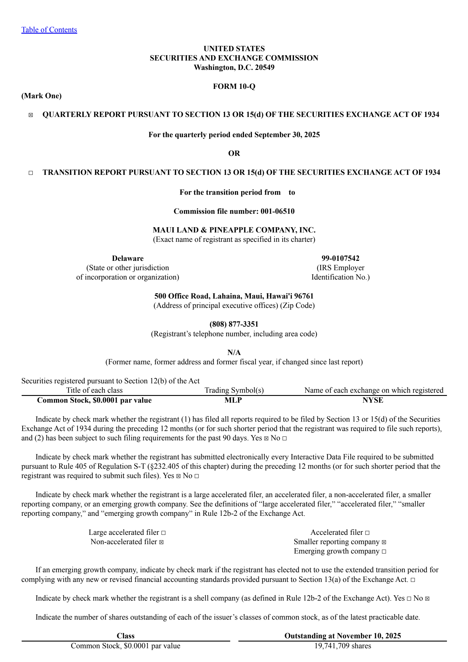 Maui Land & Pineapple's Q3 2025 Quarterly Report