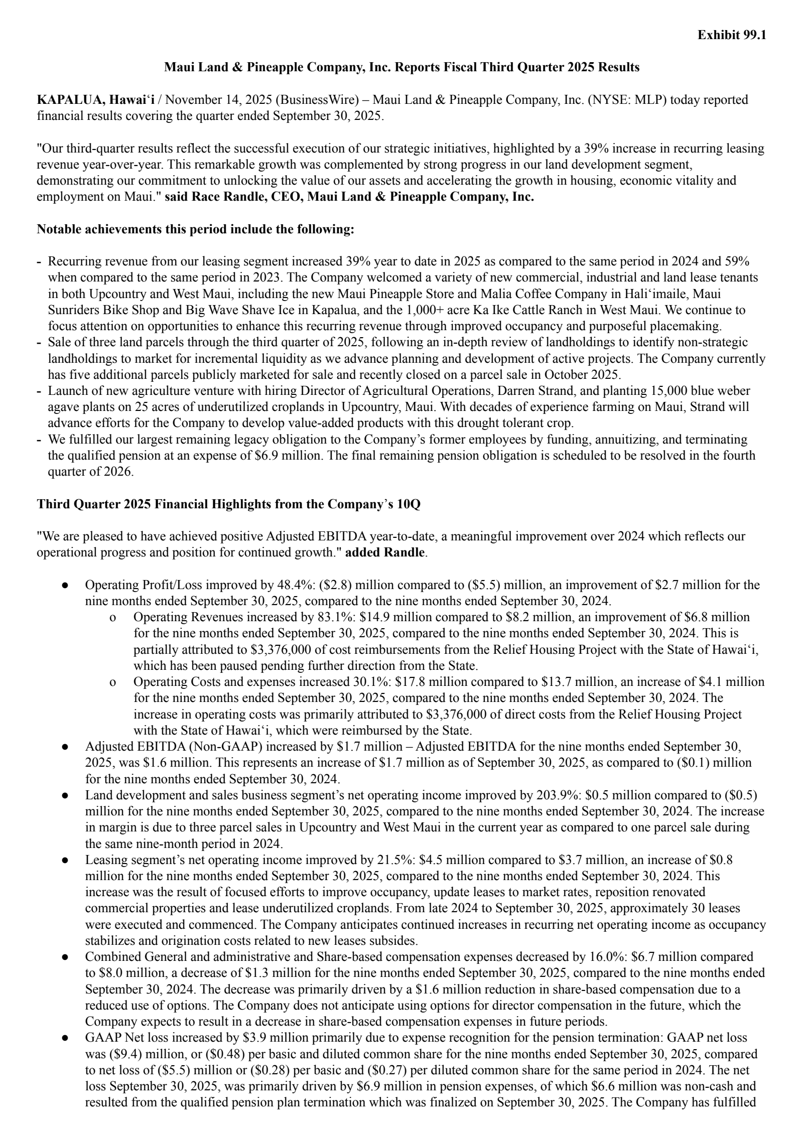Maui Land & Pineapple's Q3 2025 Earnings Release