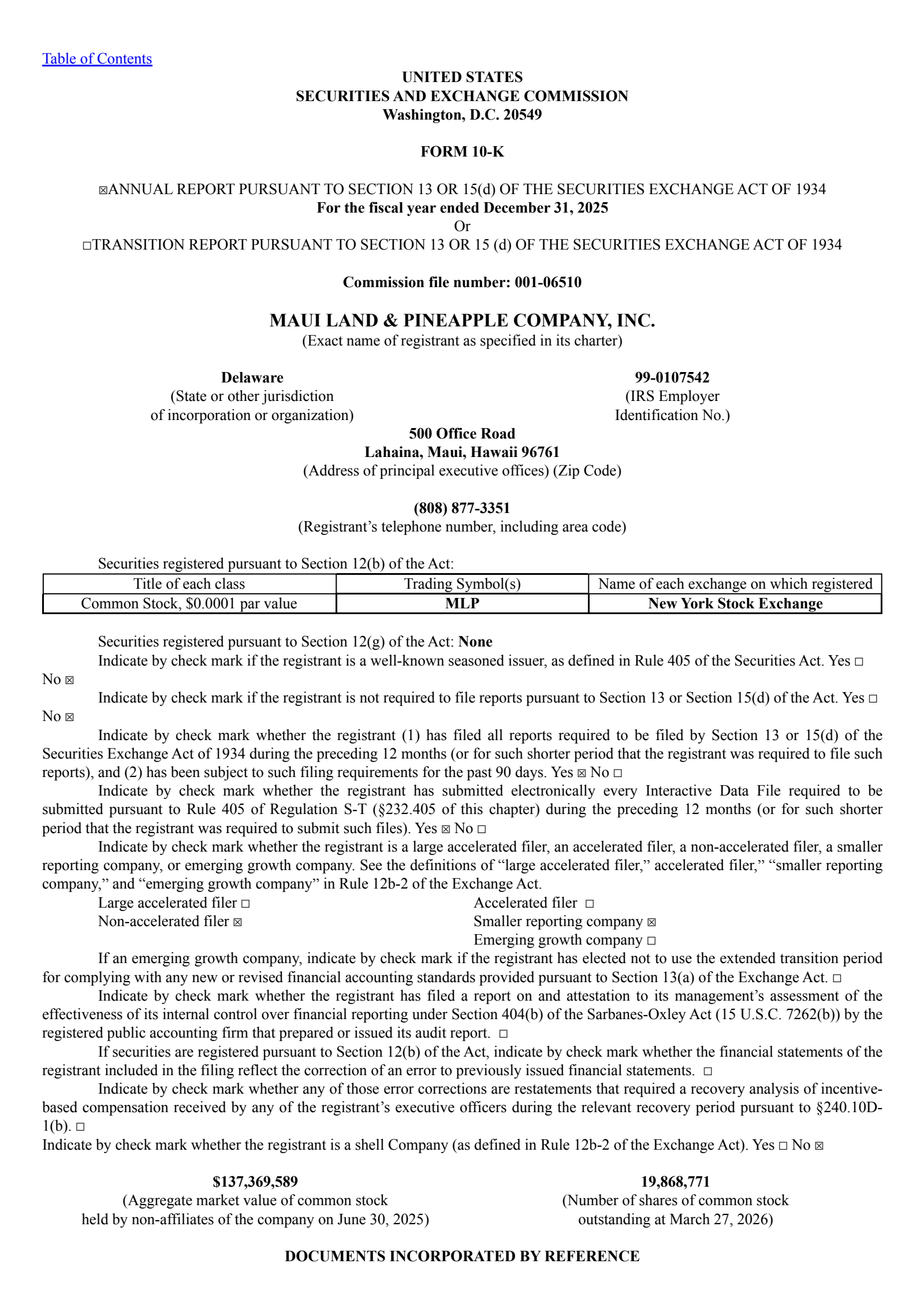 Maui Land & Pineapple's Q4 2025 Annual report