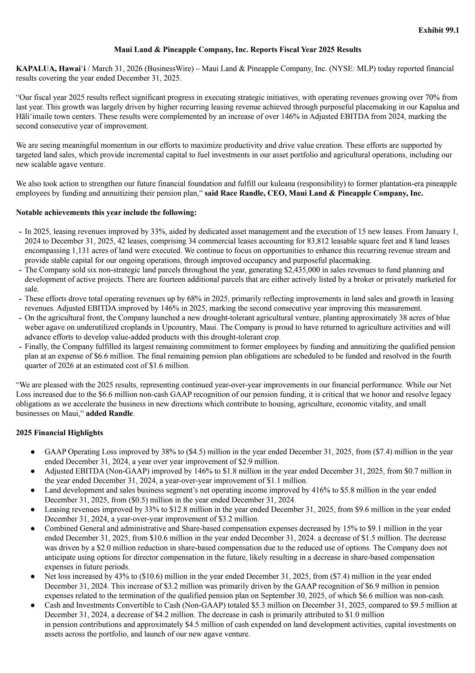 Maui Land & Pineapple's Q4 2025 Press Release