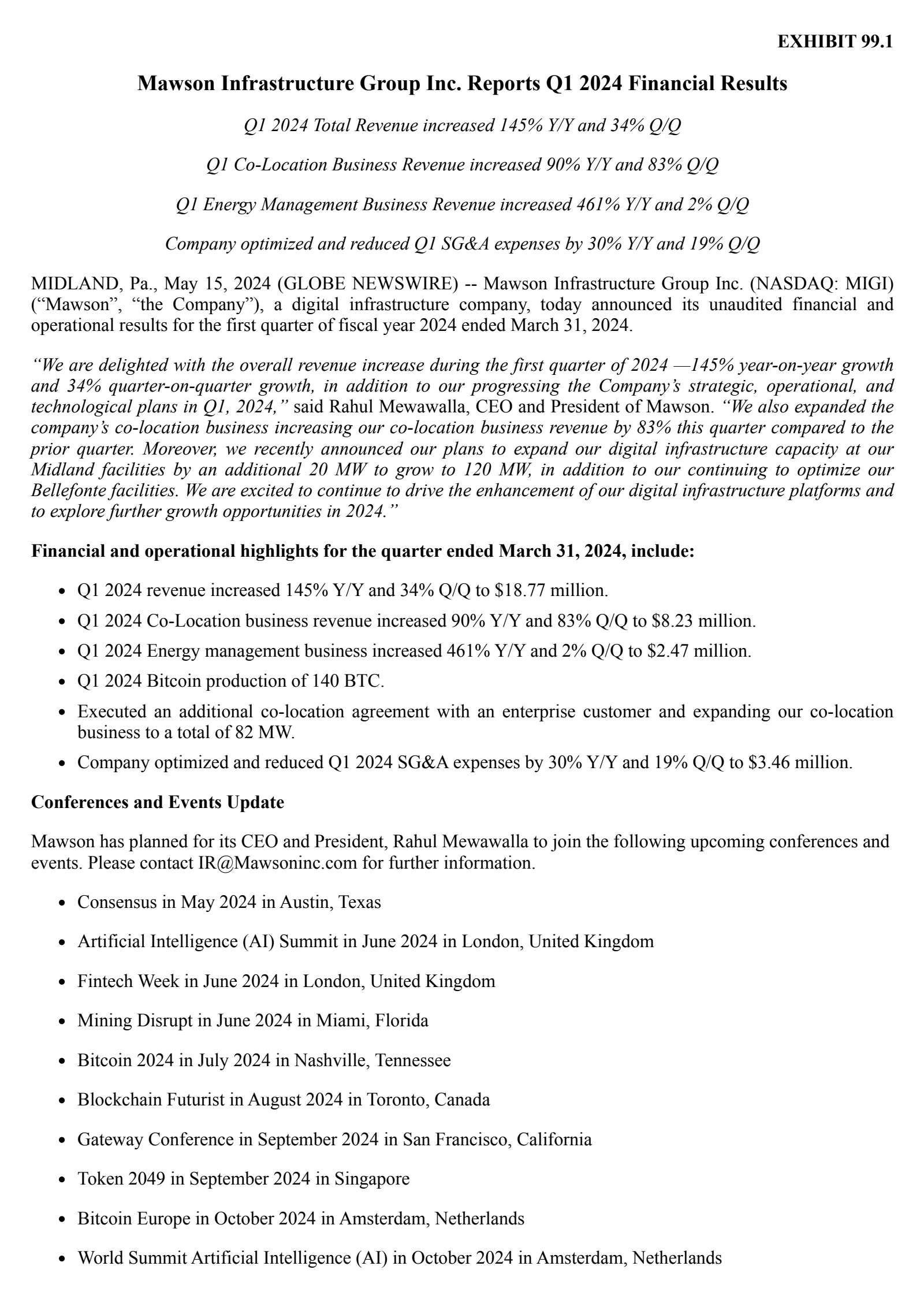 Mawson Infrastructure Group's Q1 2024 Press Release