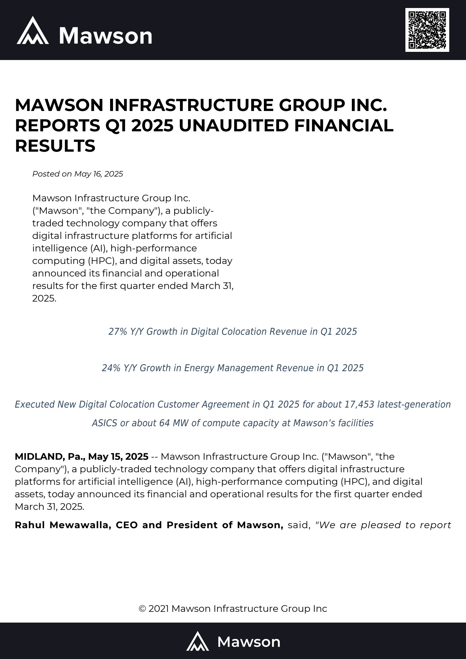 Mawson Infrastructure Group's Q1 2025 Press Release