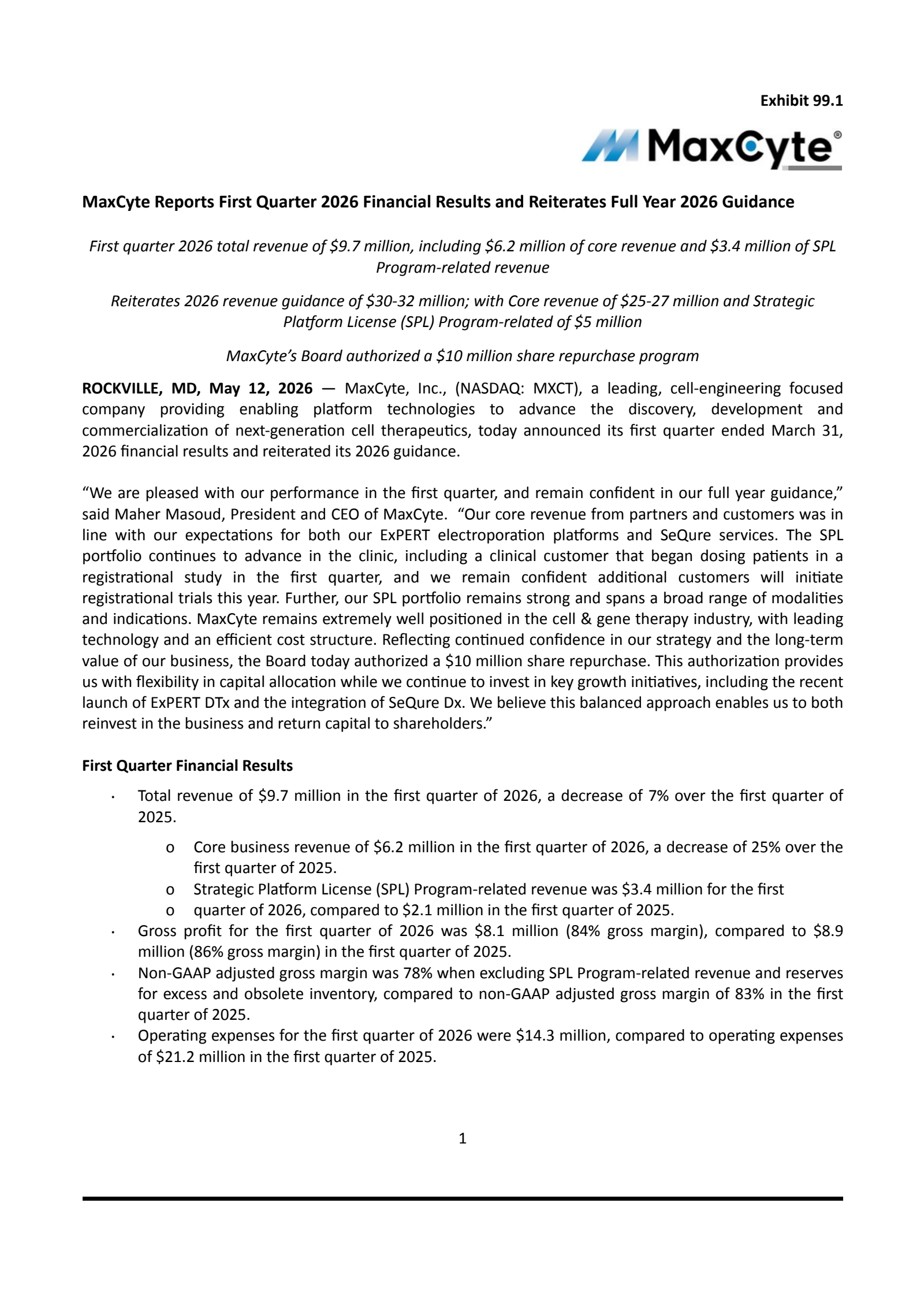 MaxCyte's Q1 2026 Press Release