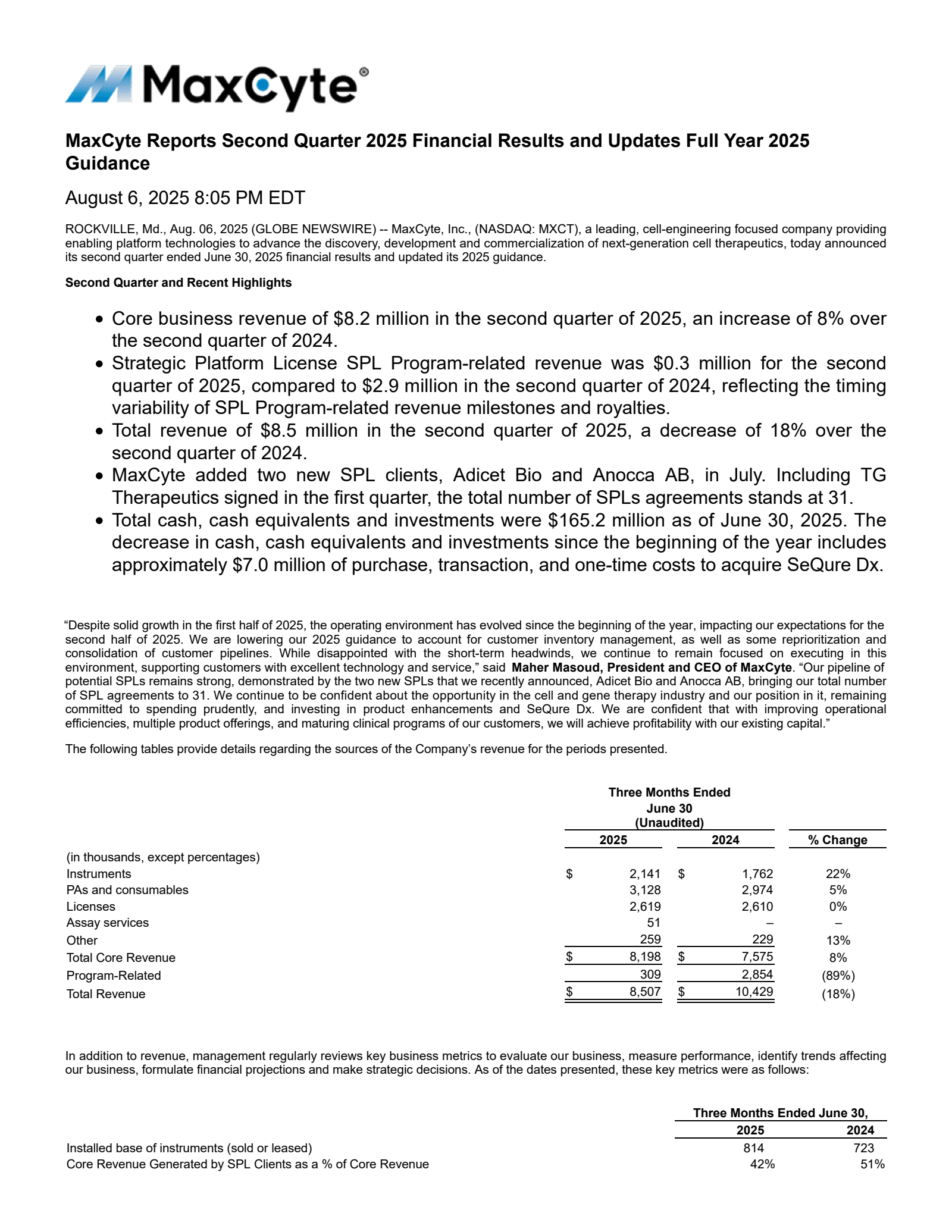 MaxCyte's Q2 2025 Press Release