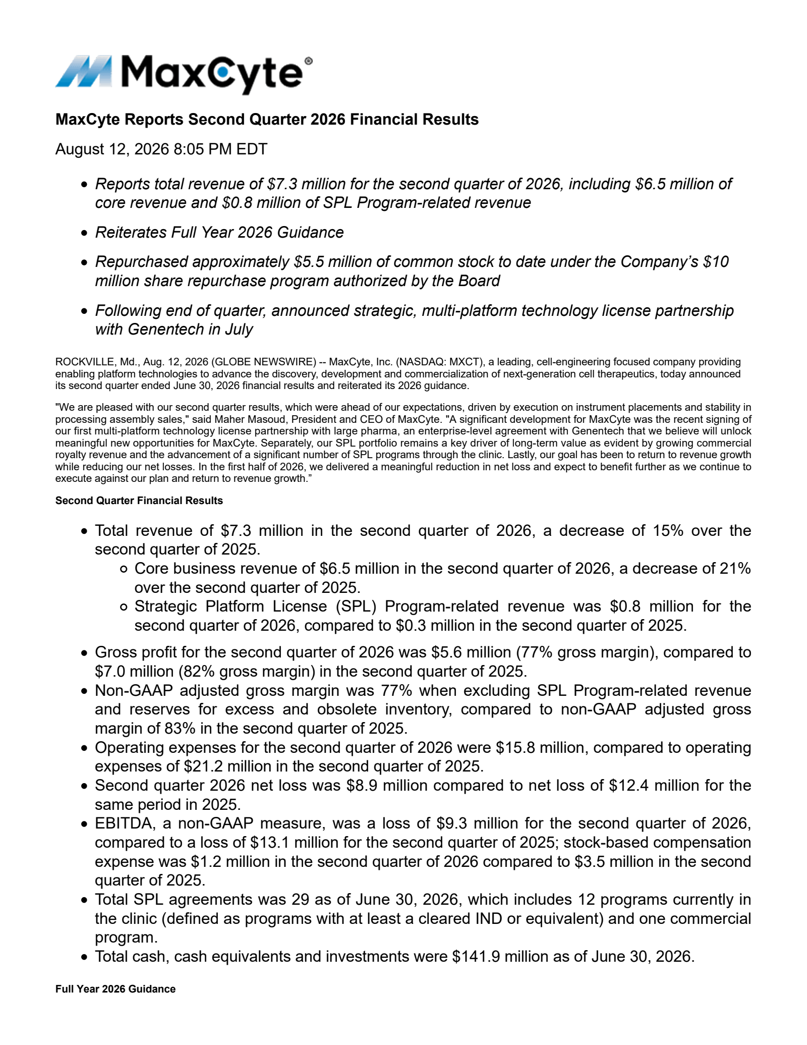 MaxCyte's Q2 2026 Press Release