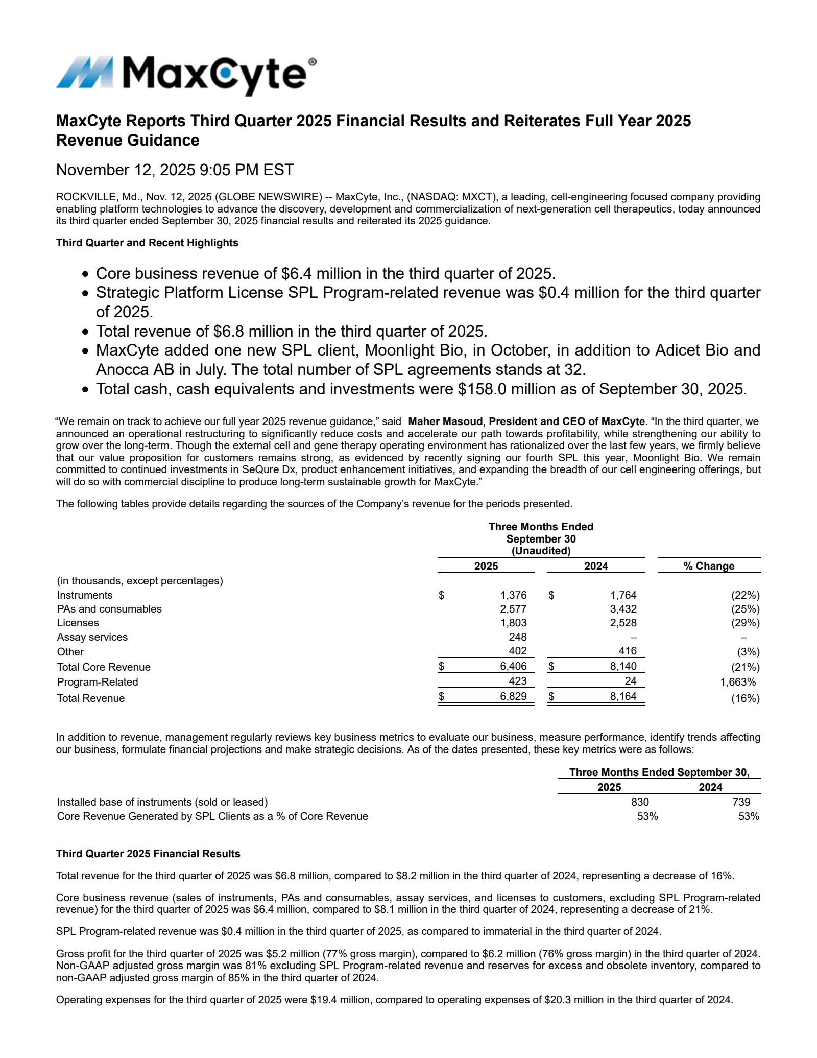 MaxCyte's Q3 2025 Earnings Release