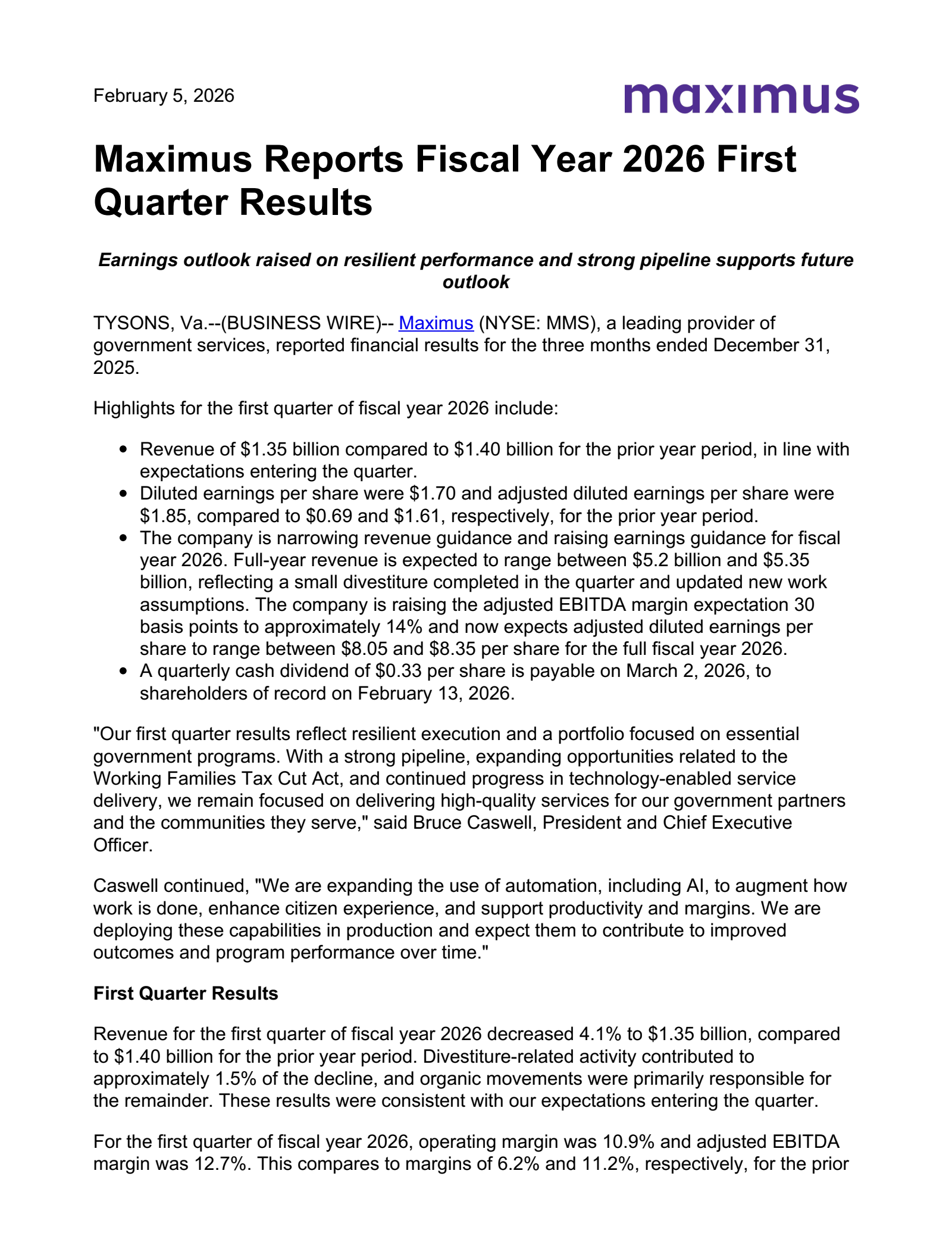 Maximus' Q1 2026 Press Release
