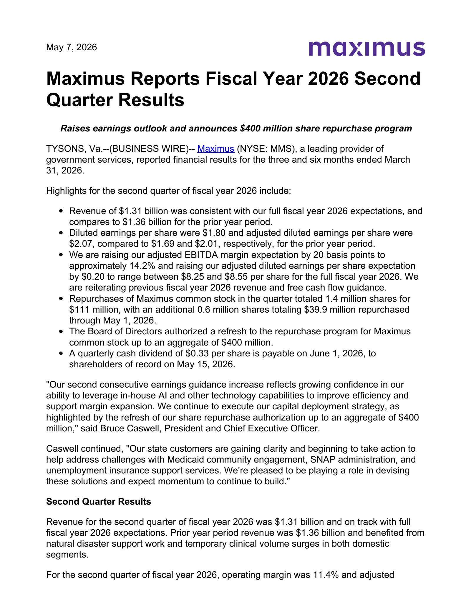 Maximus' Q2 2026 Press Release
