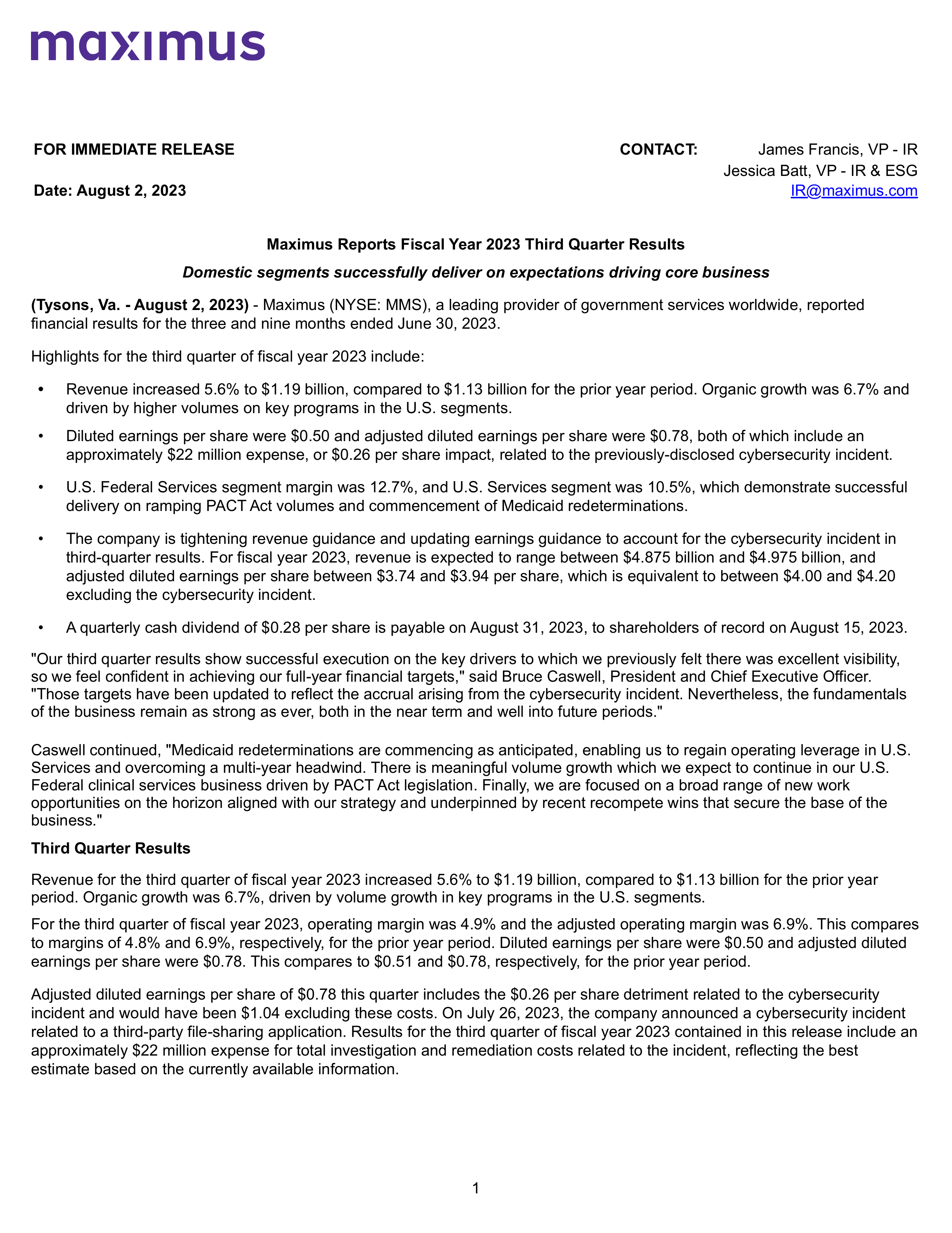Maximus' Q3 2023 Press Release