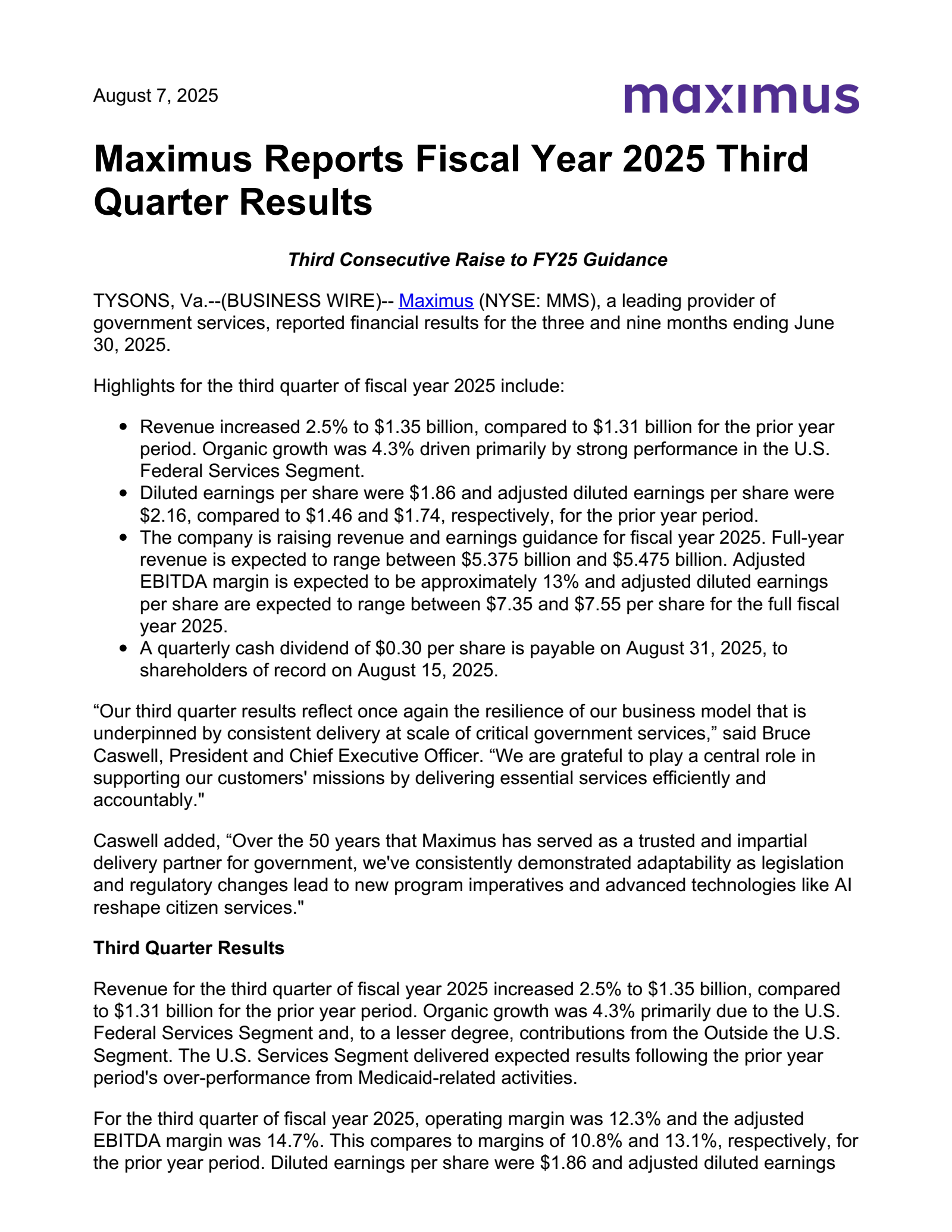 Maximus' Q3 2025 Press Release