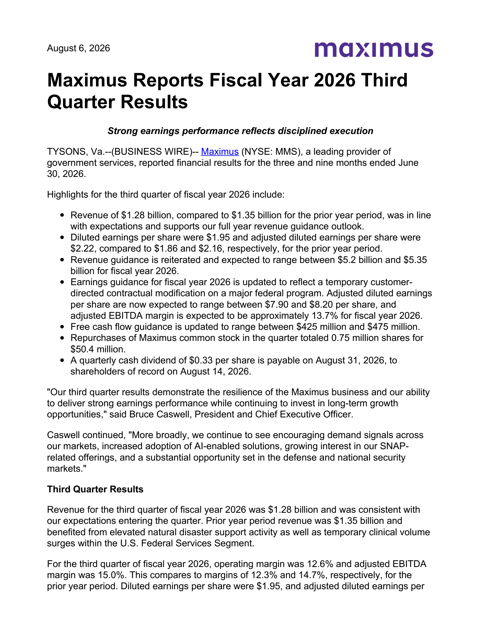 Maximus' Q3 2026 Press Release