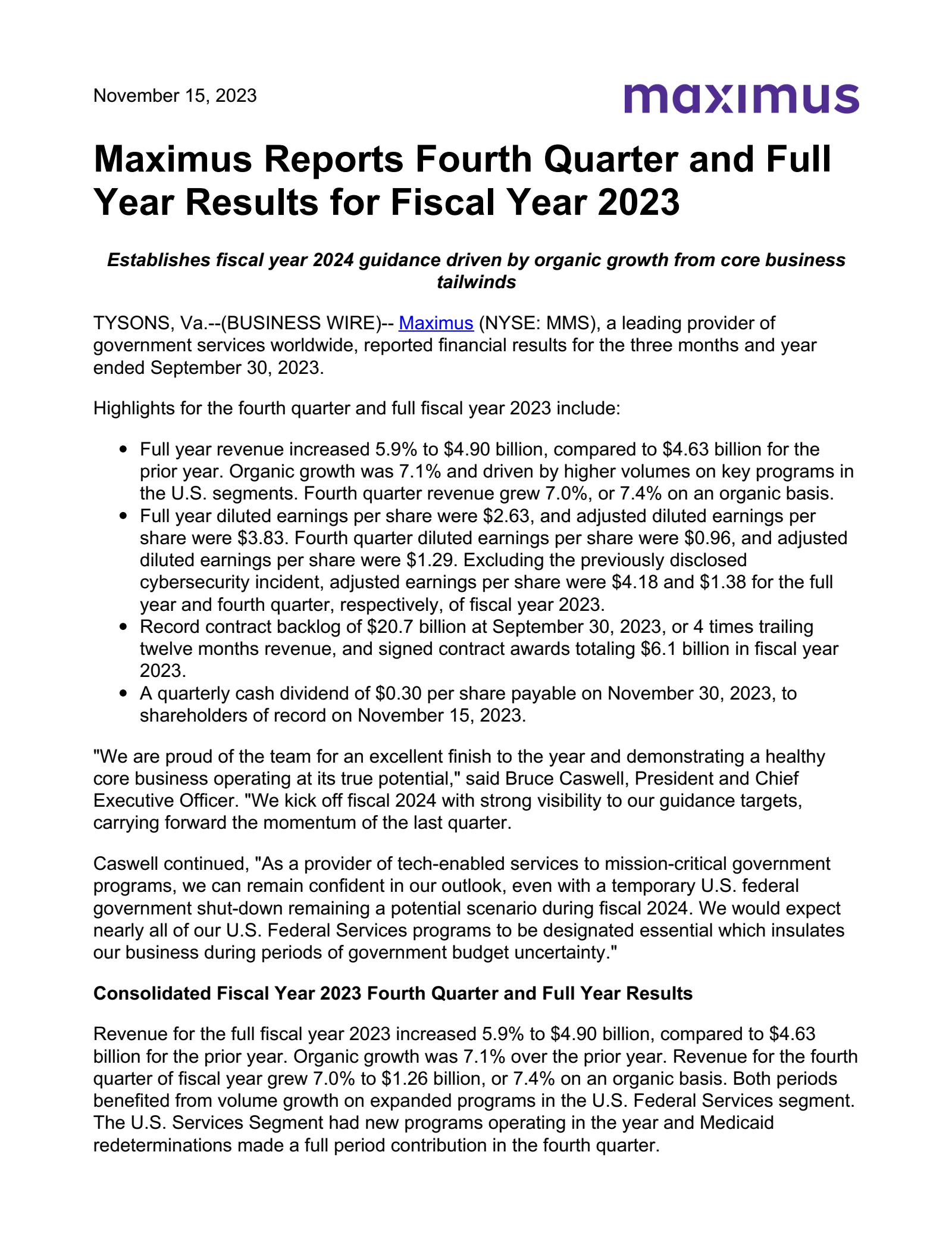 Maximus' Q4 2023 Press Release