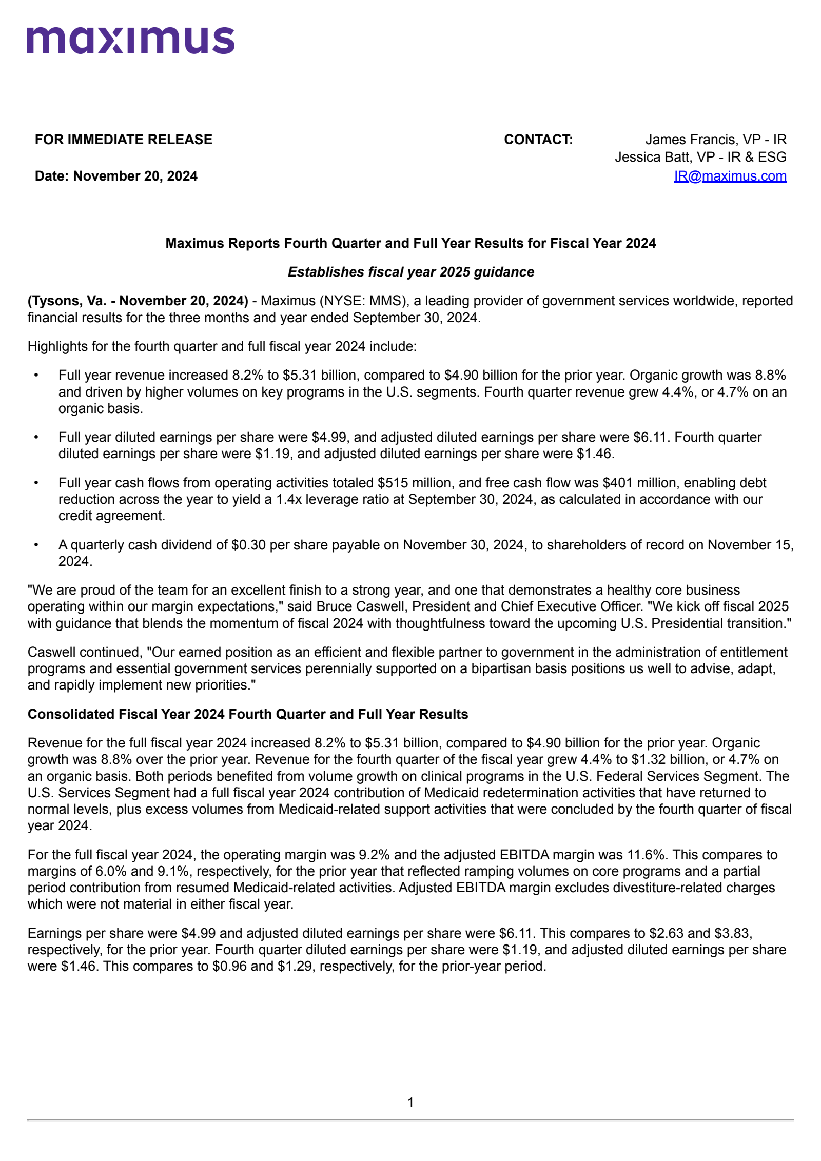 Maximus' Q4 2024 Press Release