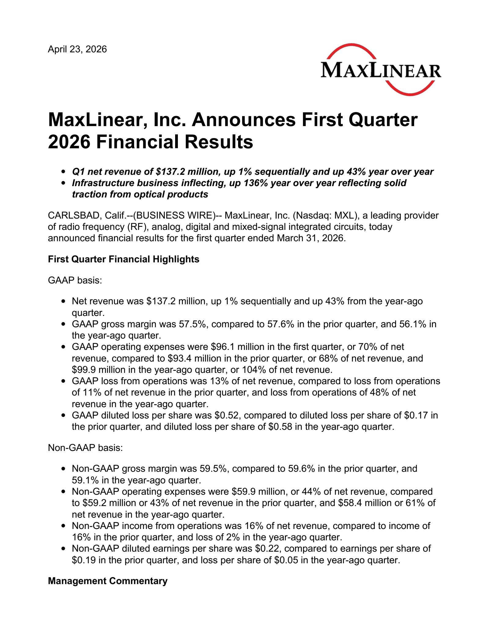 MaxLinear's Q1 2026 Press Release