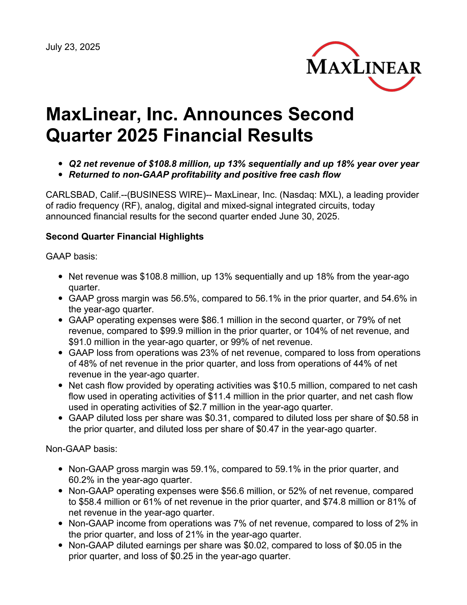MaxLinear's Q2 2025 Press Release