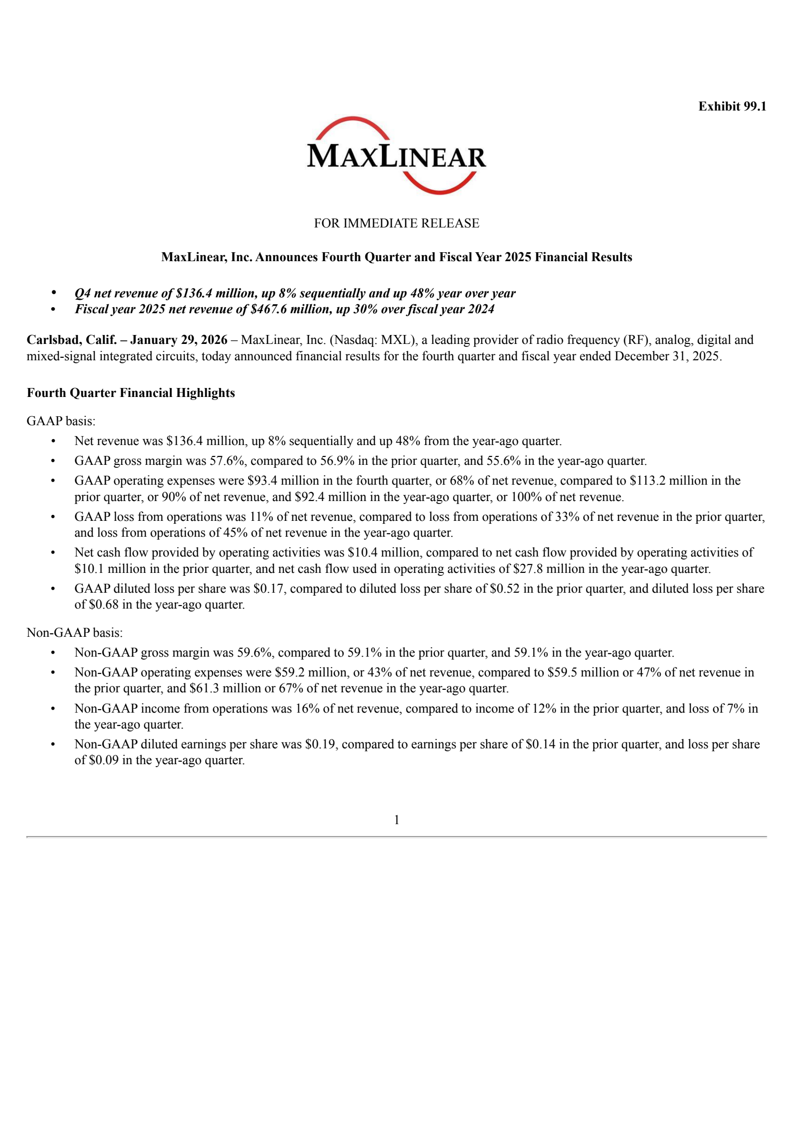 MaxLinear's Q4 2025 Press Release