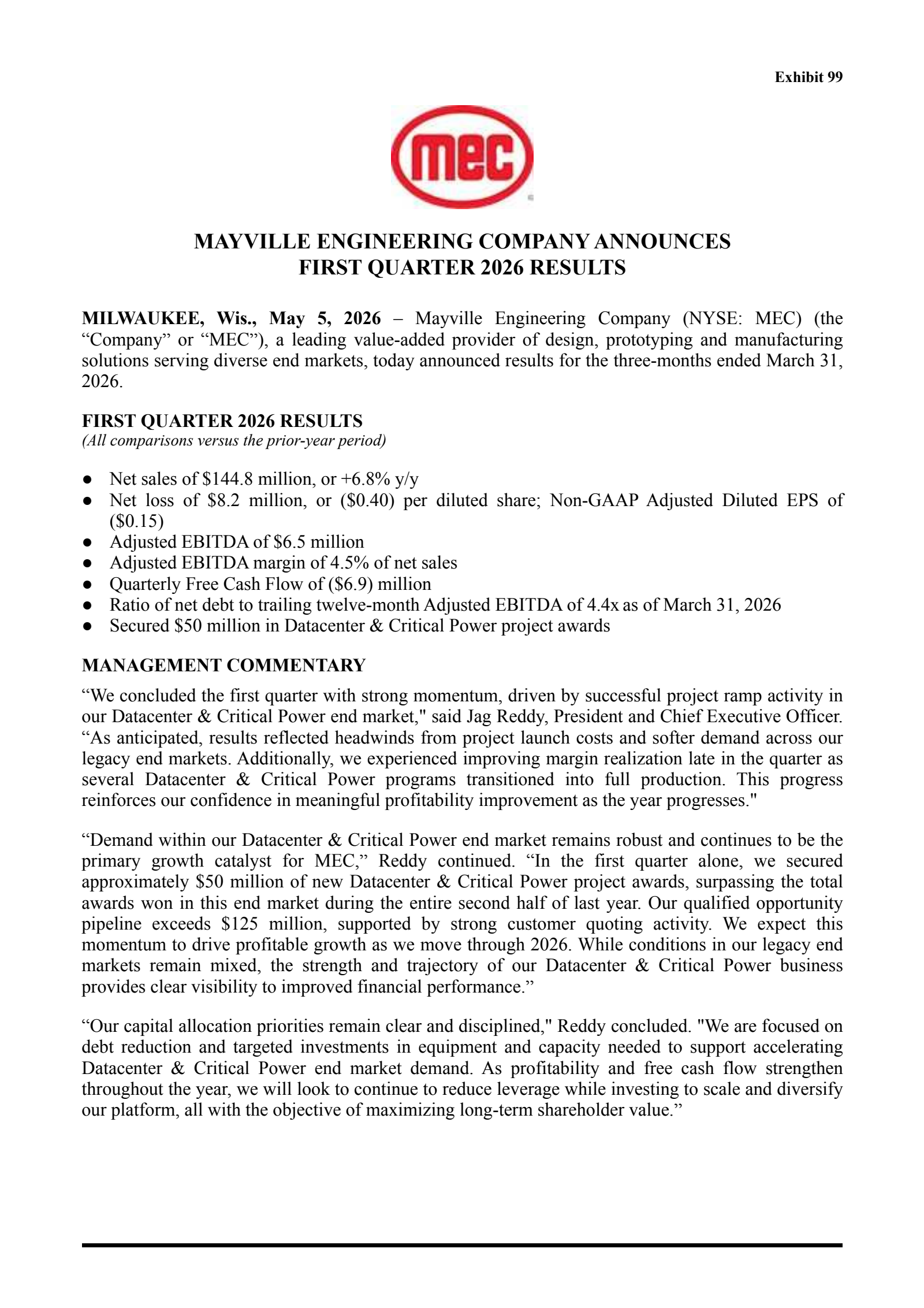 Mayville Engineering's Q1 2026 Press Release