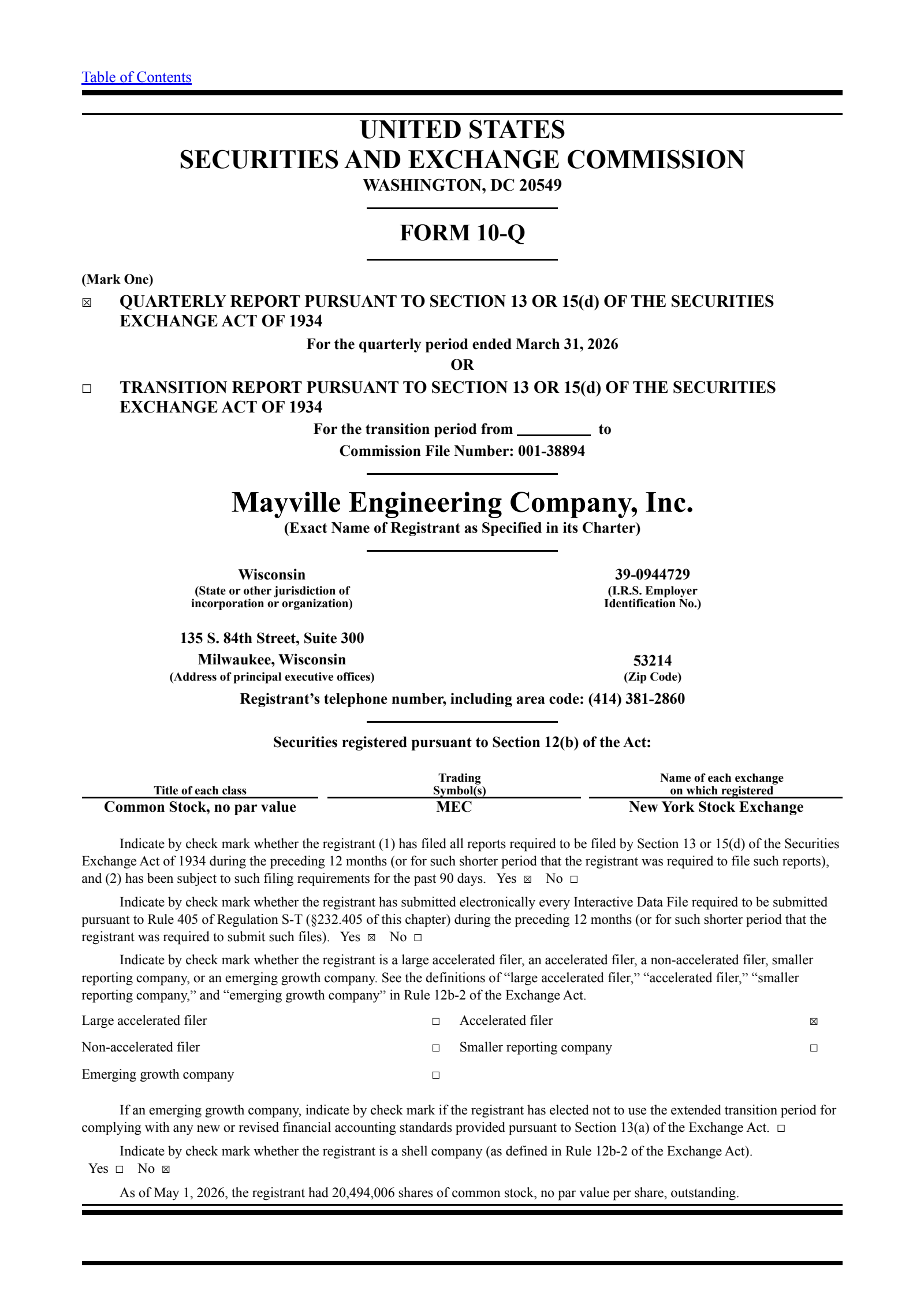 Mayville Engineering's Q1 2026 Quarterly report