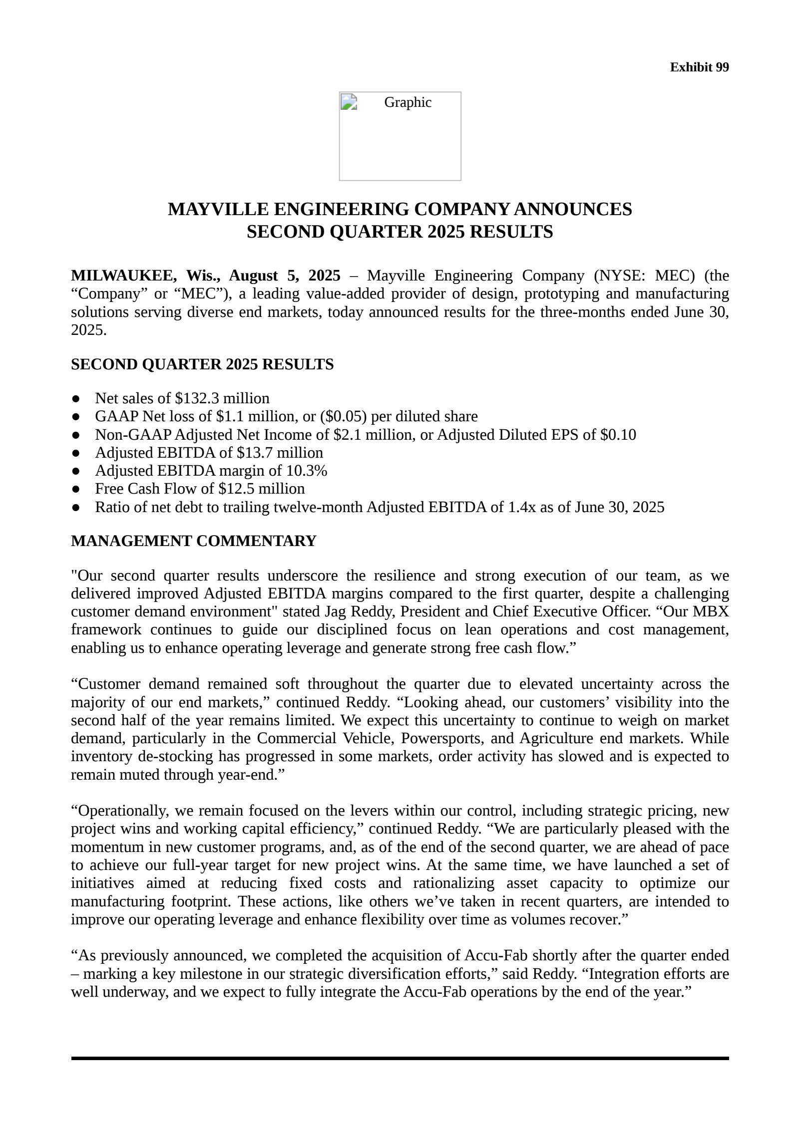 Mayville Engineering's Q2 2025 Press Release