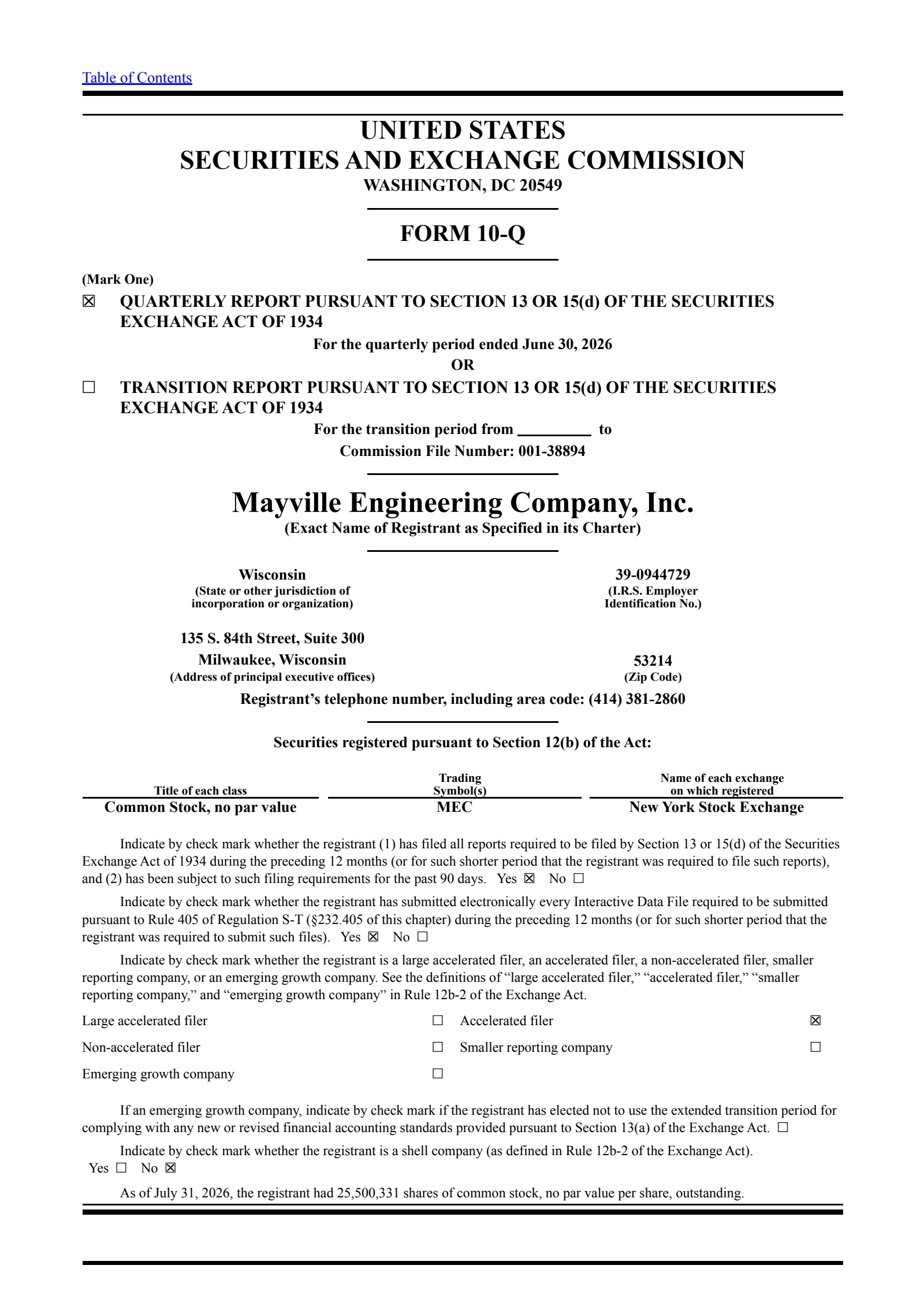 Mayville Engineering's Q2 2026 Quarterly report