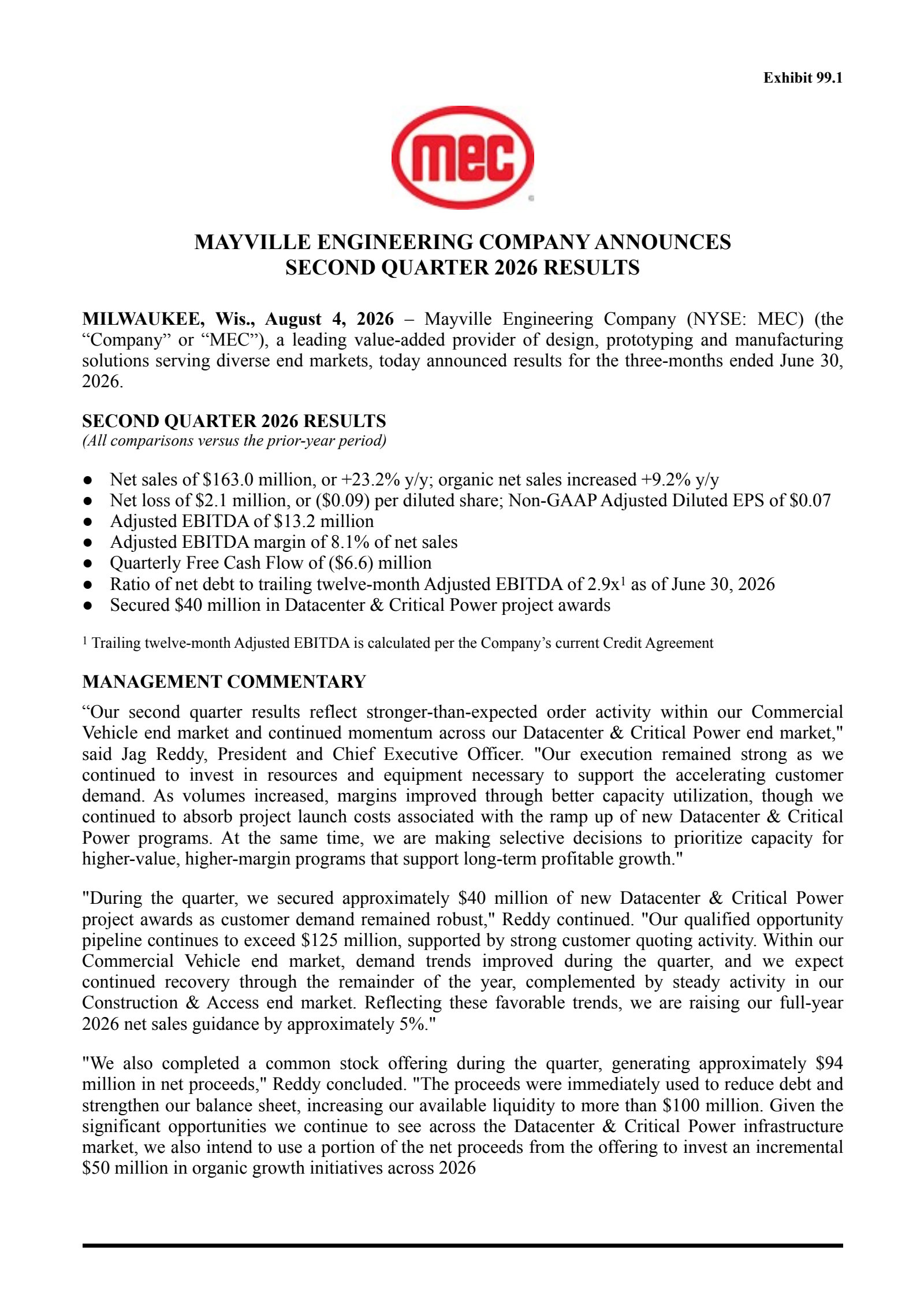 Mayville Engineering's Q2 2026 Press Release