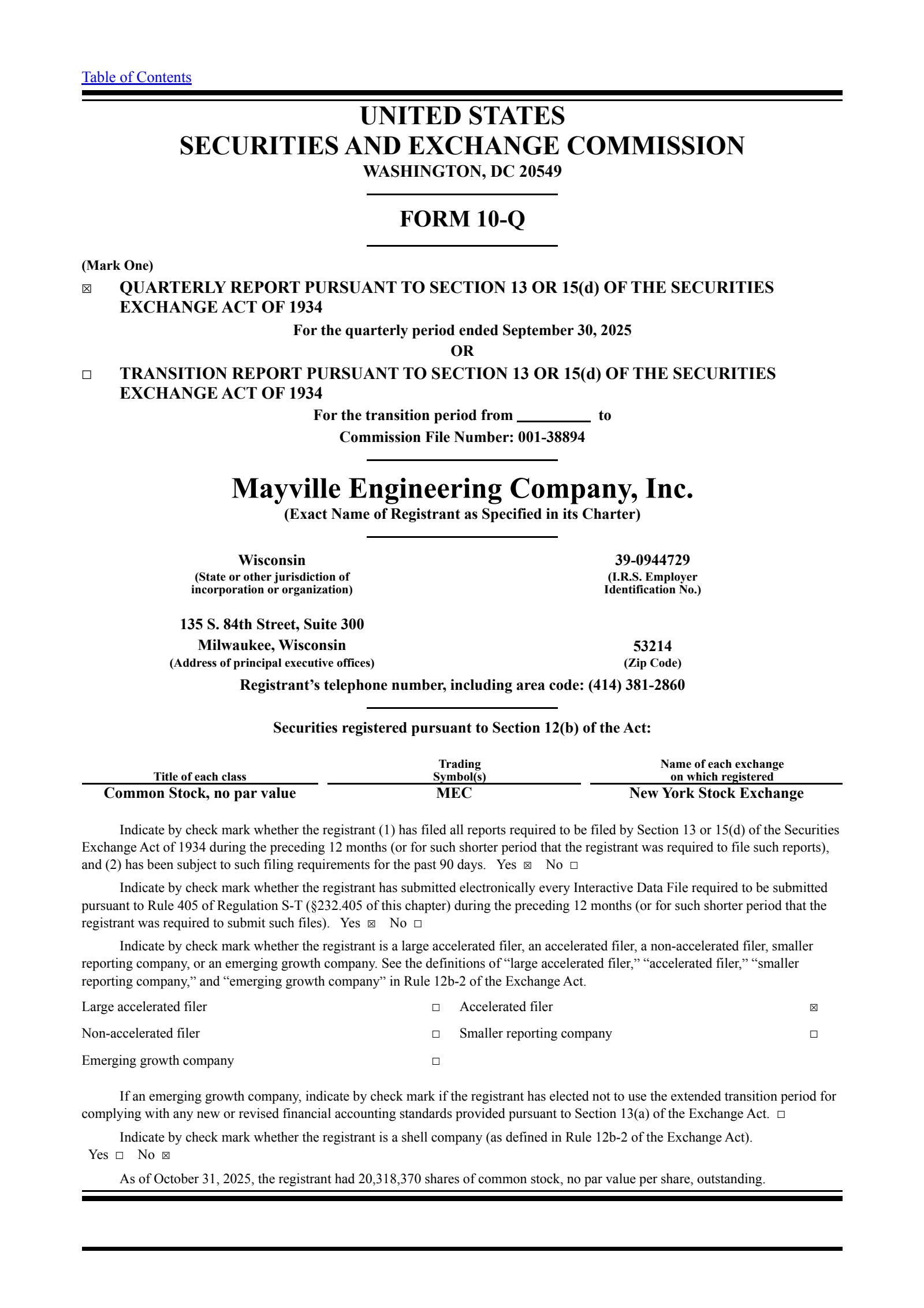 Mayville Engineering's Q3 2025 Quarterly Report