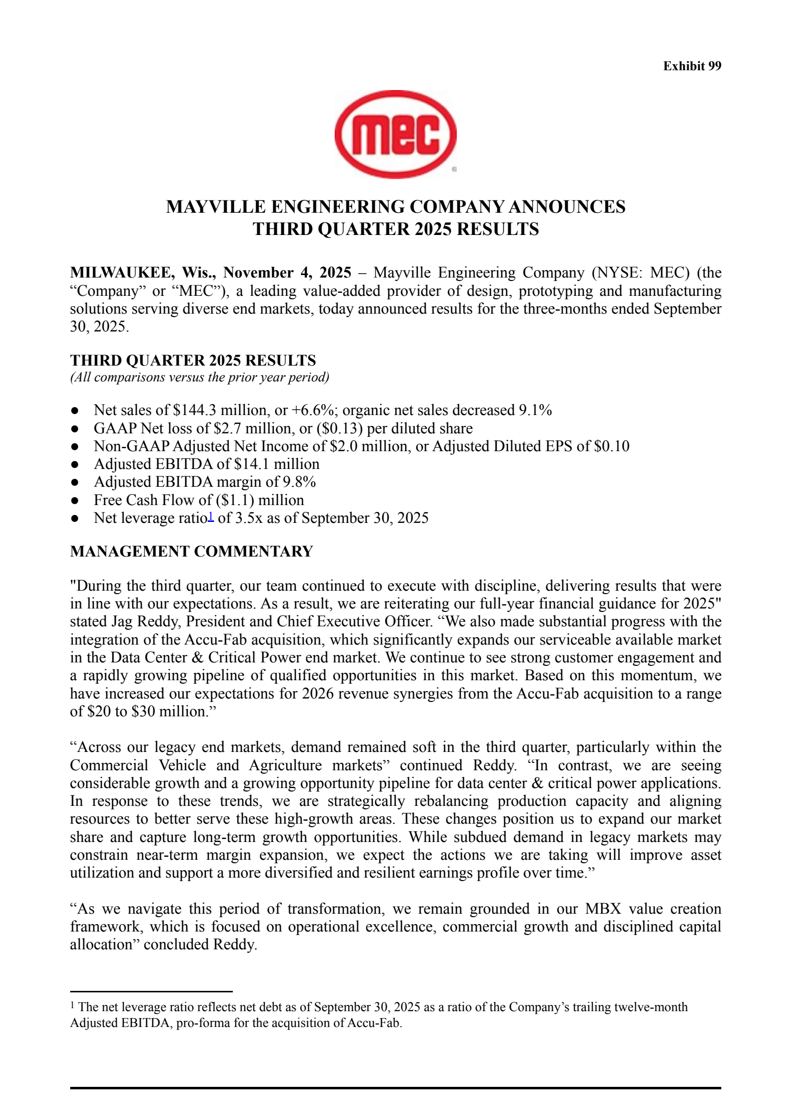 Mayville Engineering's Q3 2025 Earnings Release