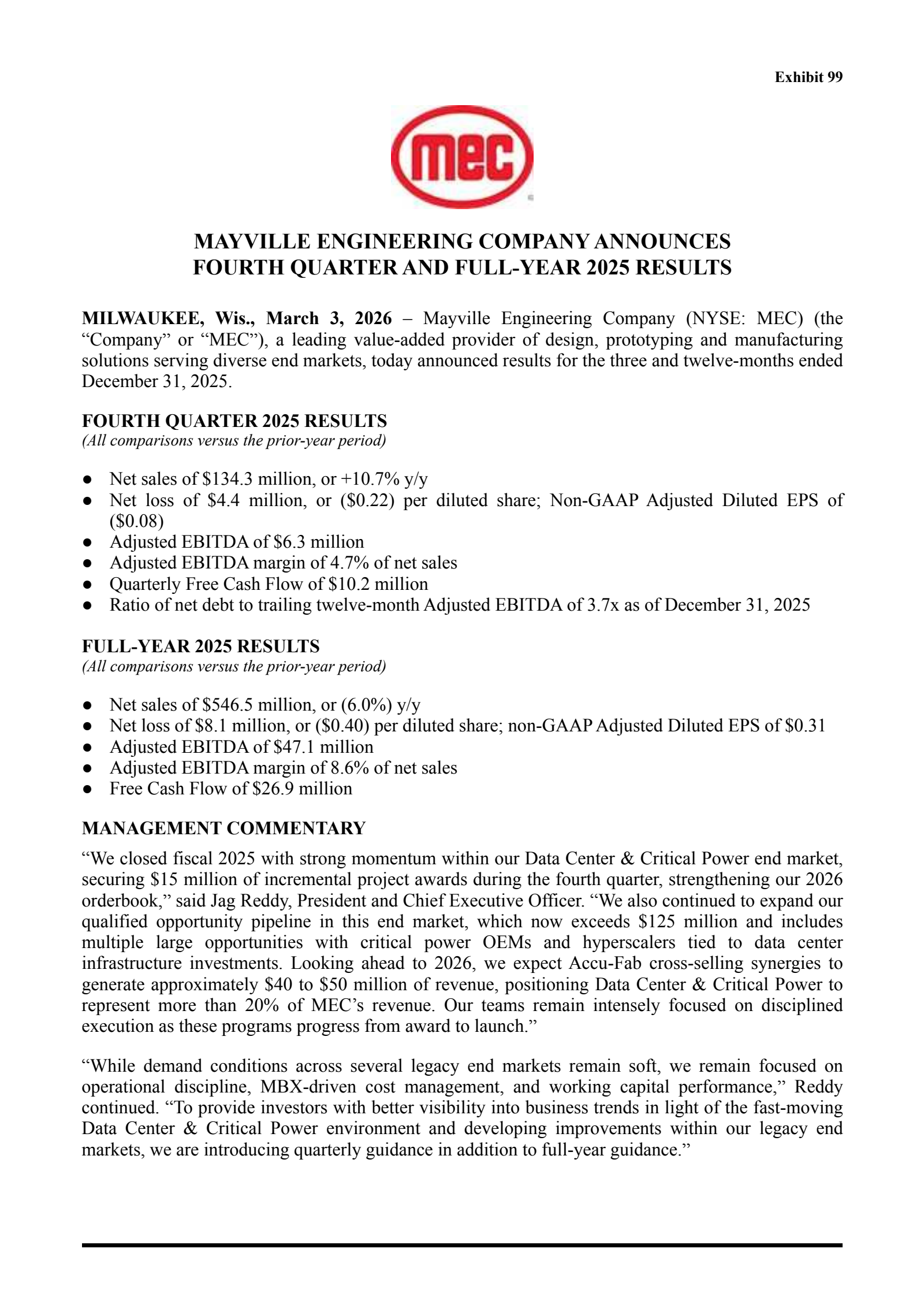 Mayville Engineering's Q4 2025 Press Release