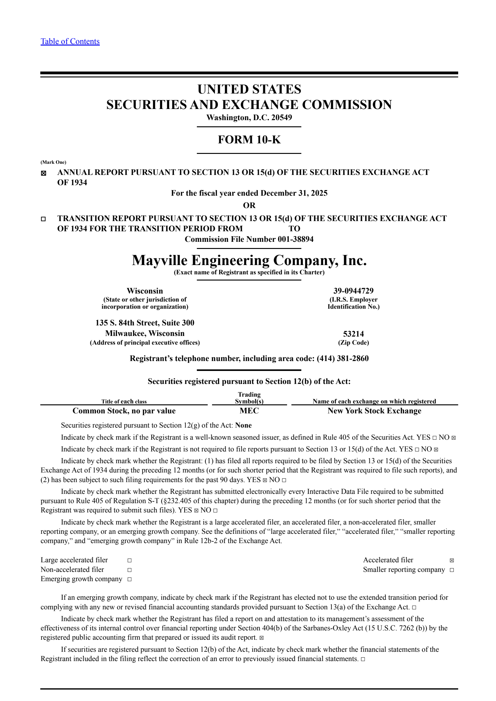 Mayville Engineering's Q4 2025 Annual report