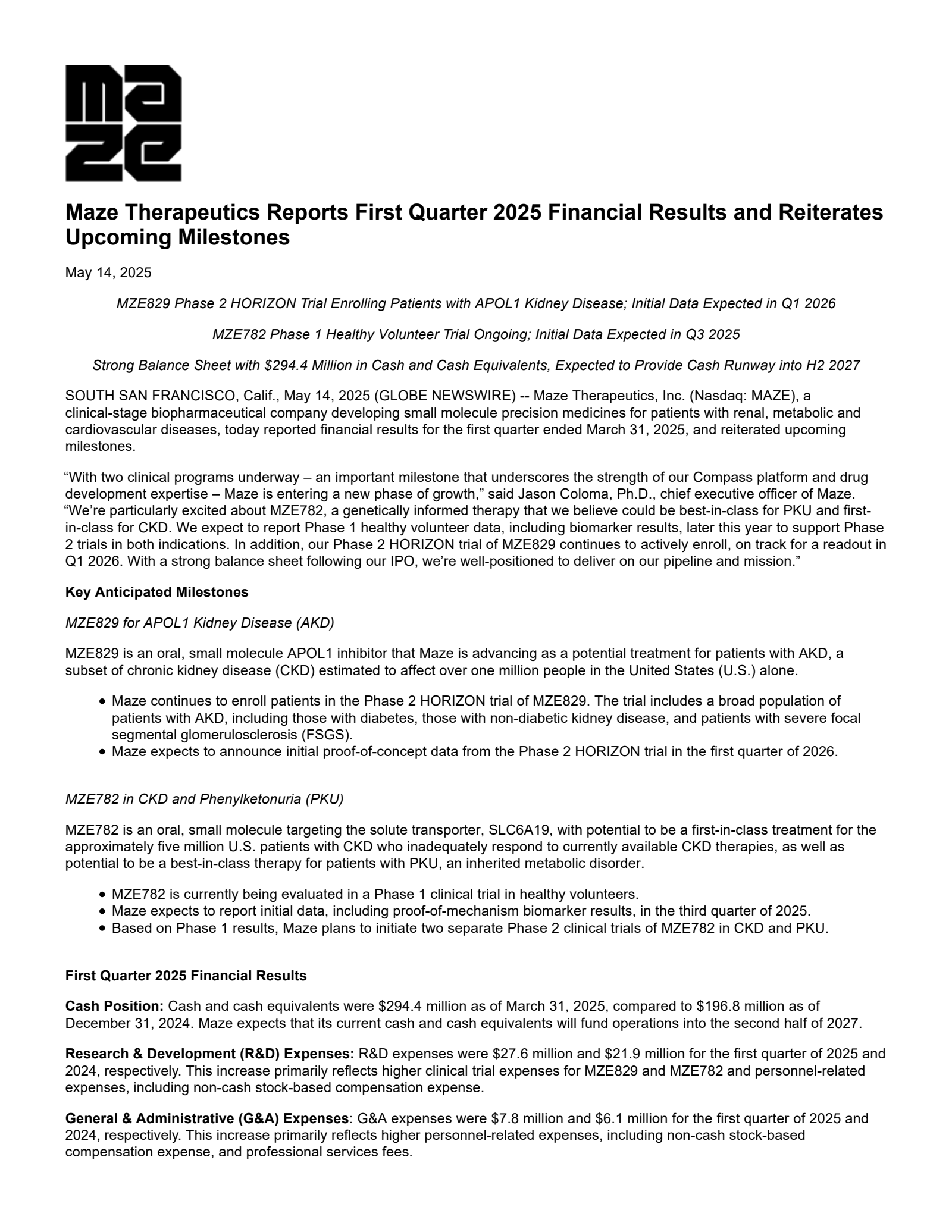 Maze Therapeutics' Q1 2025 Press Release