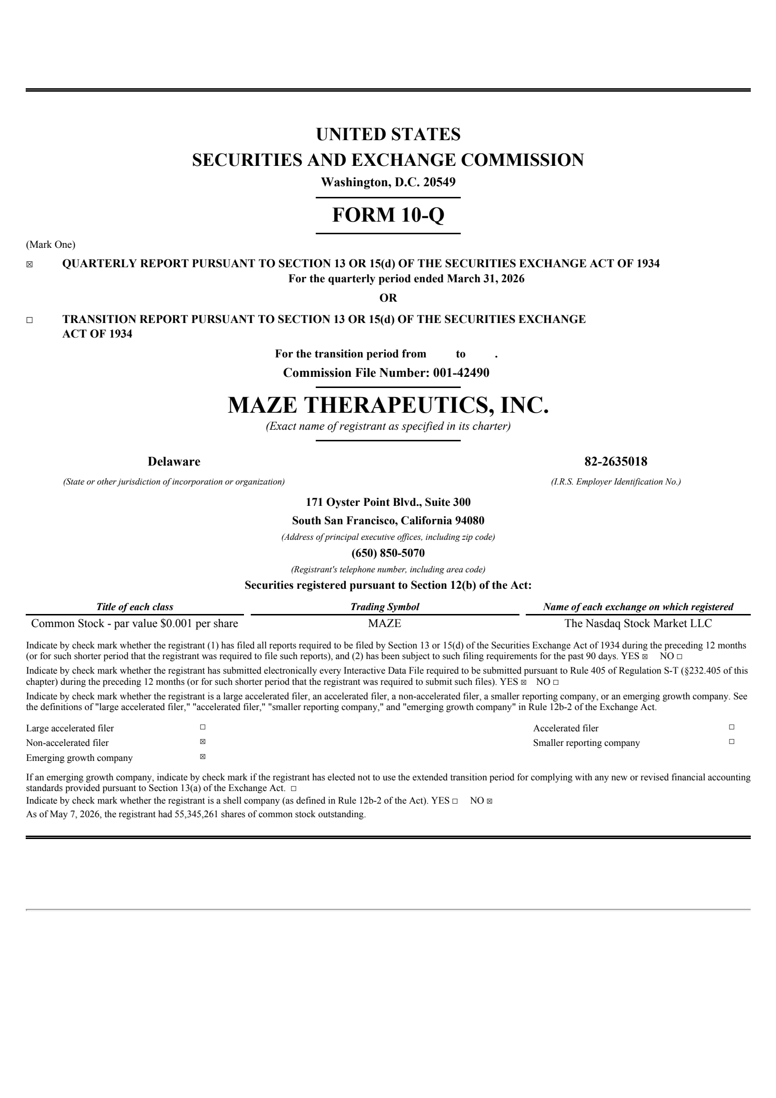 Maze Therapeutics' Q1 2026 Quarterly report