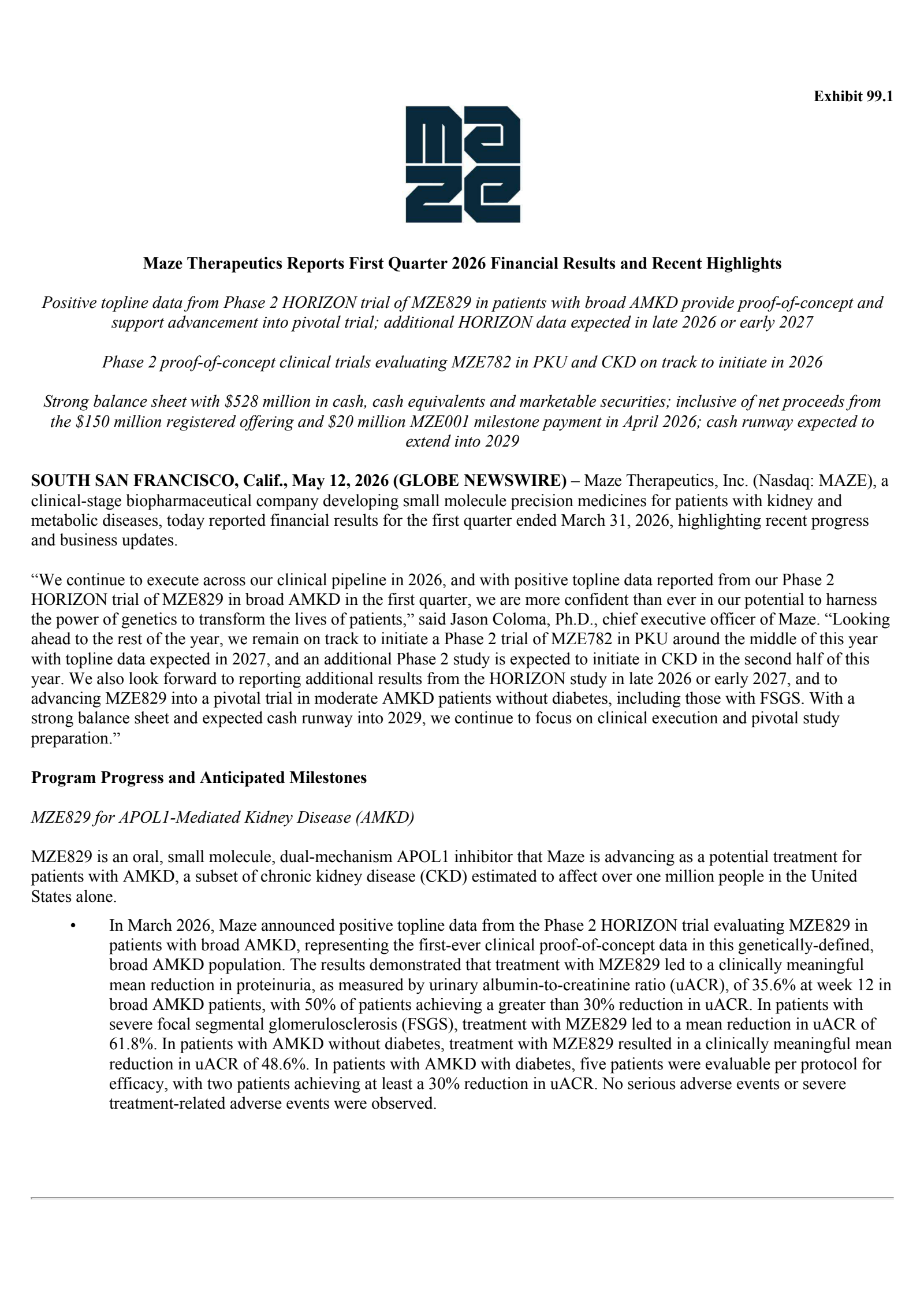Maze Therapeutics' Q1 2026 Press Release