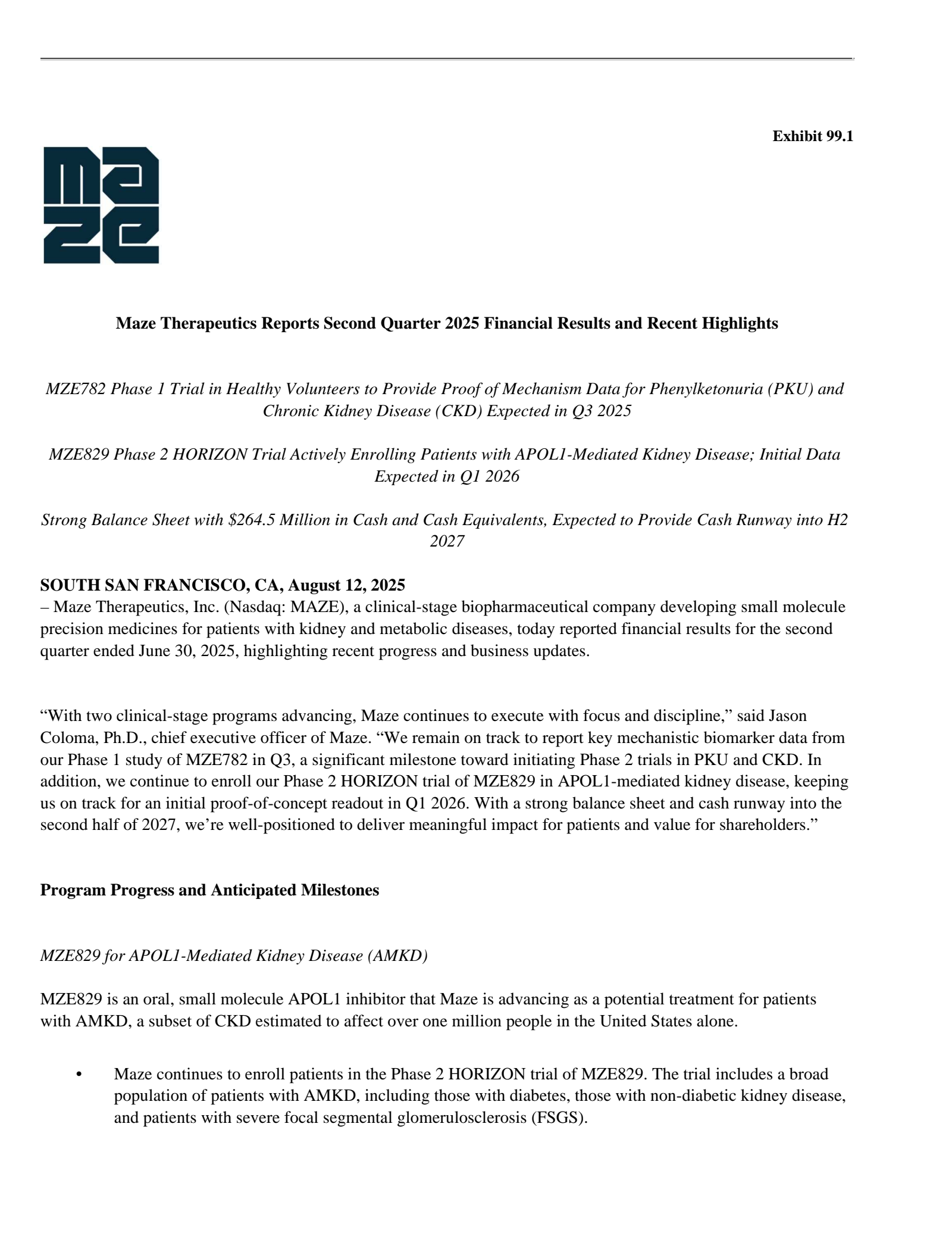 Maze Therapeutics' Q2 2025 Press Release