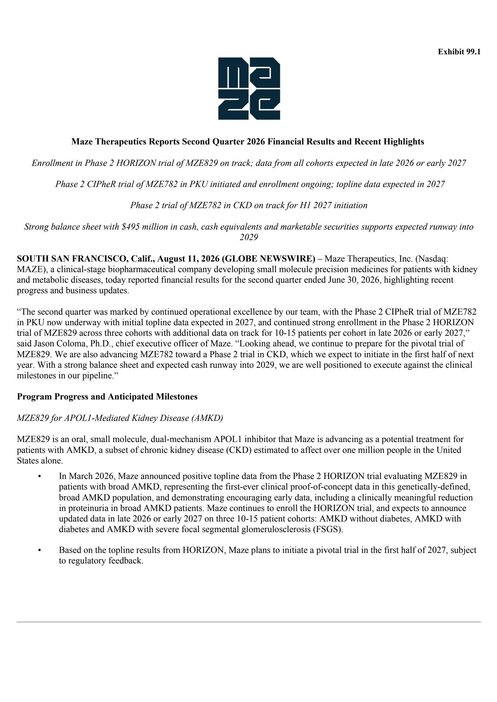 Maze Therapeutics' Q2 2026 Press Release