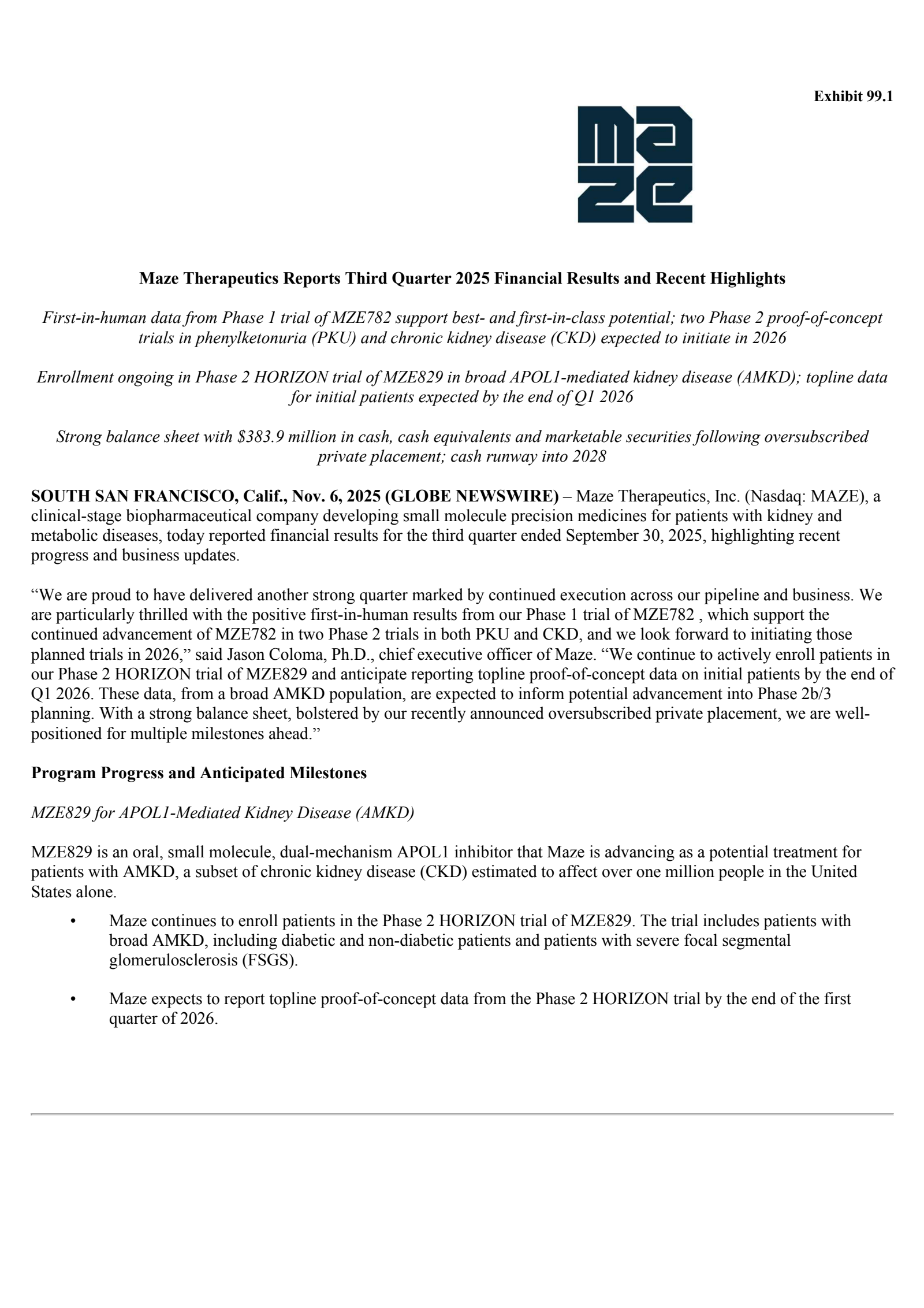 Maze Therapeutics' Q3 2025 Earnings Release