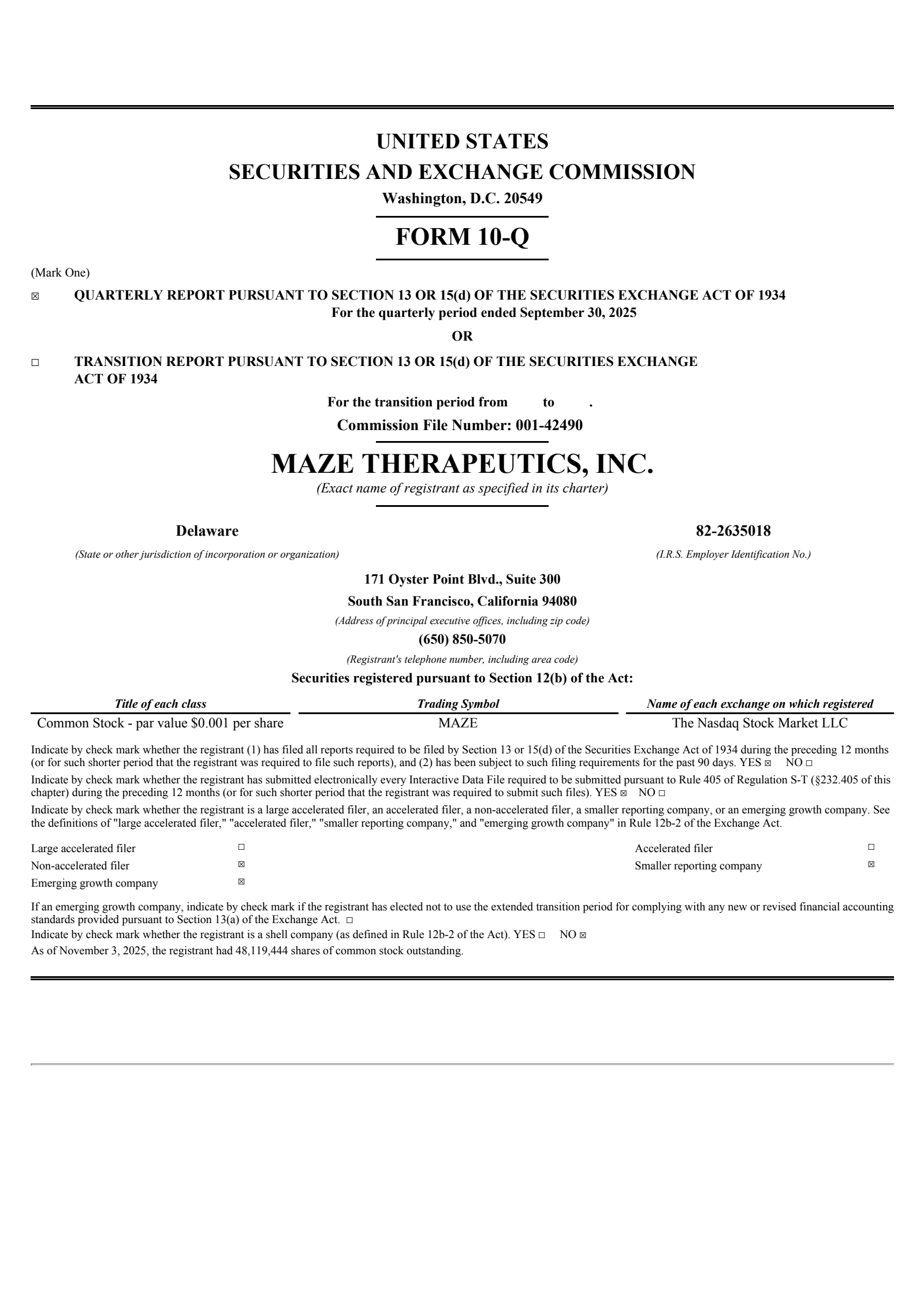 Maze Therapeutics' Q3 2025 Quarterly Report
