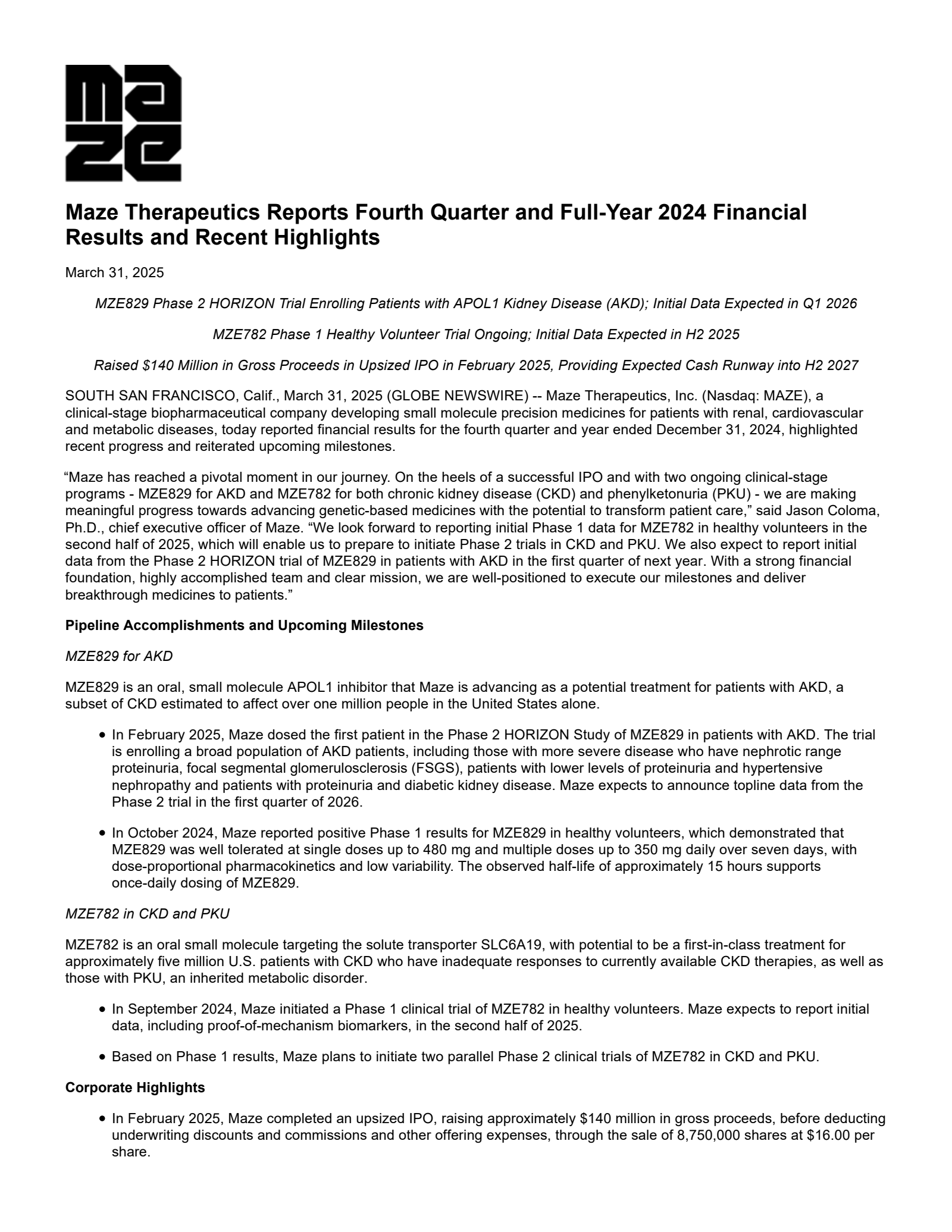 Maze Therapeutics' Q4 2024 Press Release
