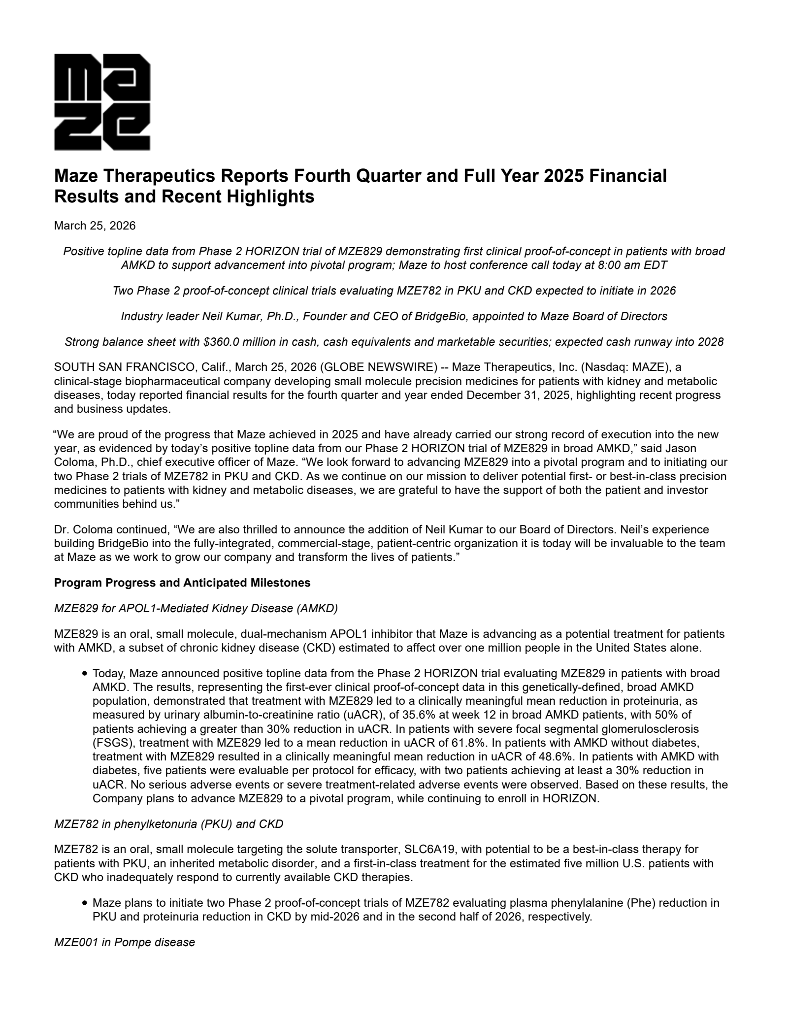 Maze Therapeutics' Q4 2025 Press Release