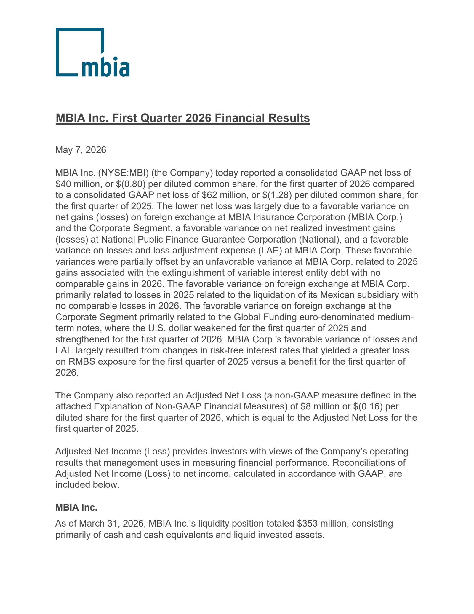 MBIA's Q1 2026 Press Release