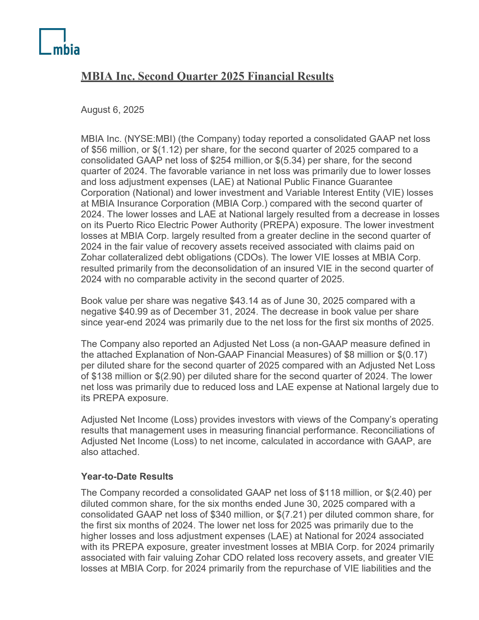 MBIA's Q2 2025 Press Release