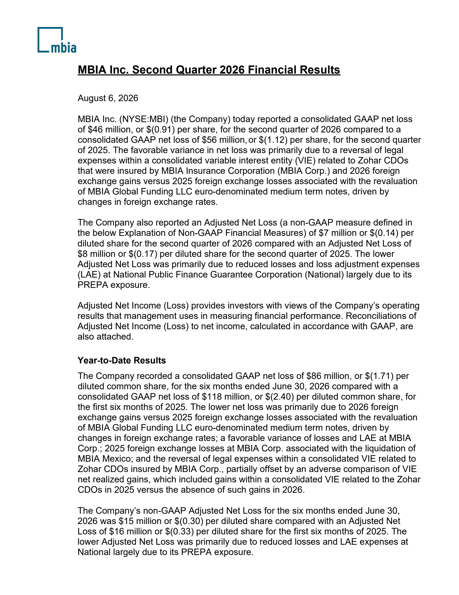 MBIA's Q2 2026 Press Release