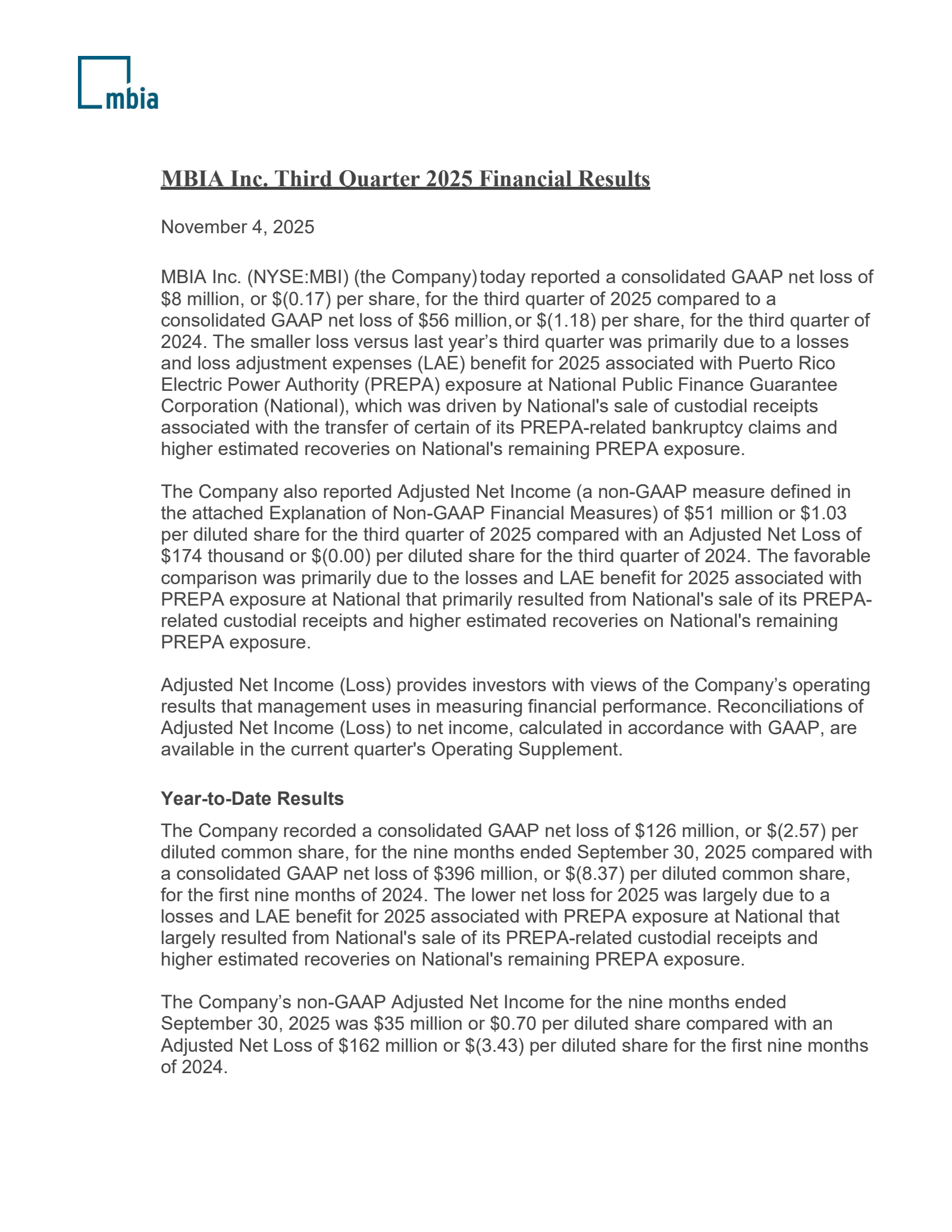 MBIA's Q3 2025 Earnings Release