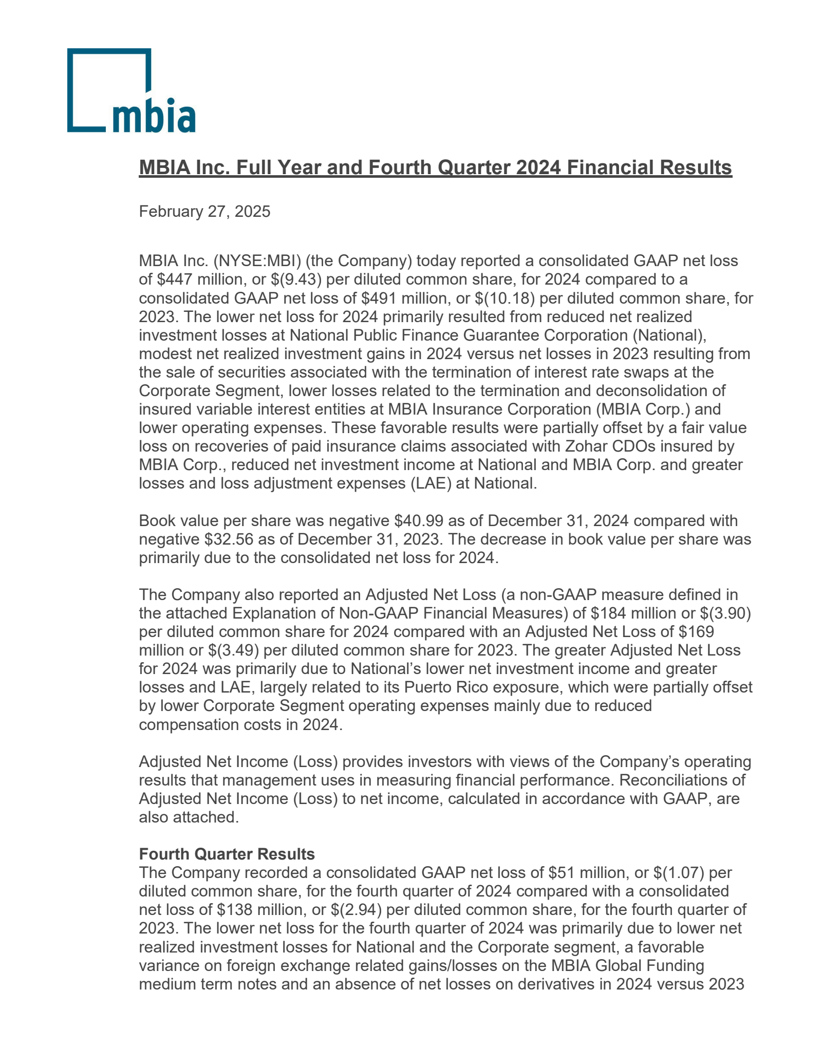 MBIA's Q4 2024 Press Release